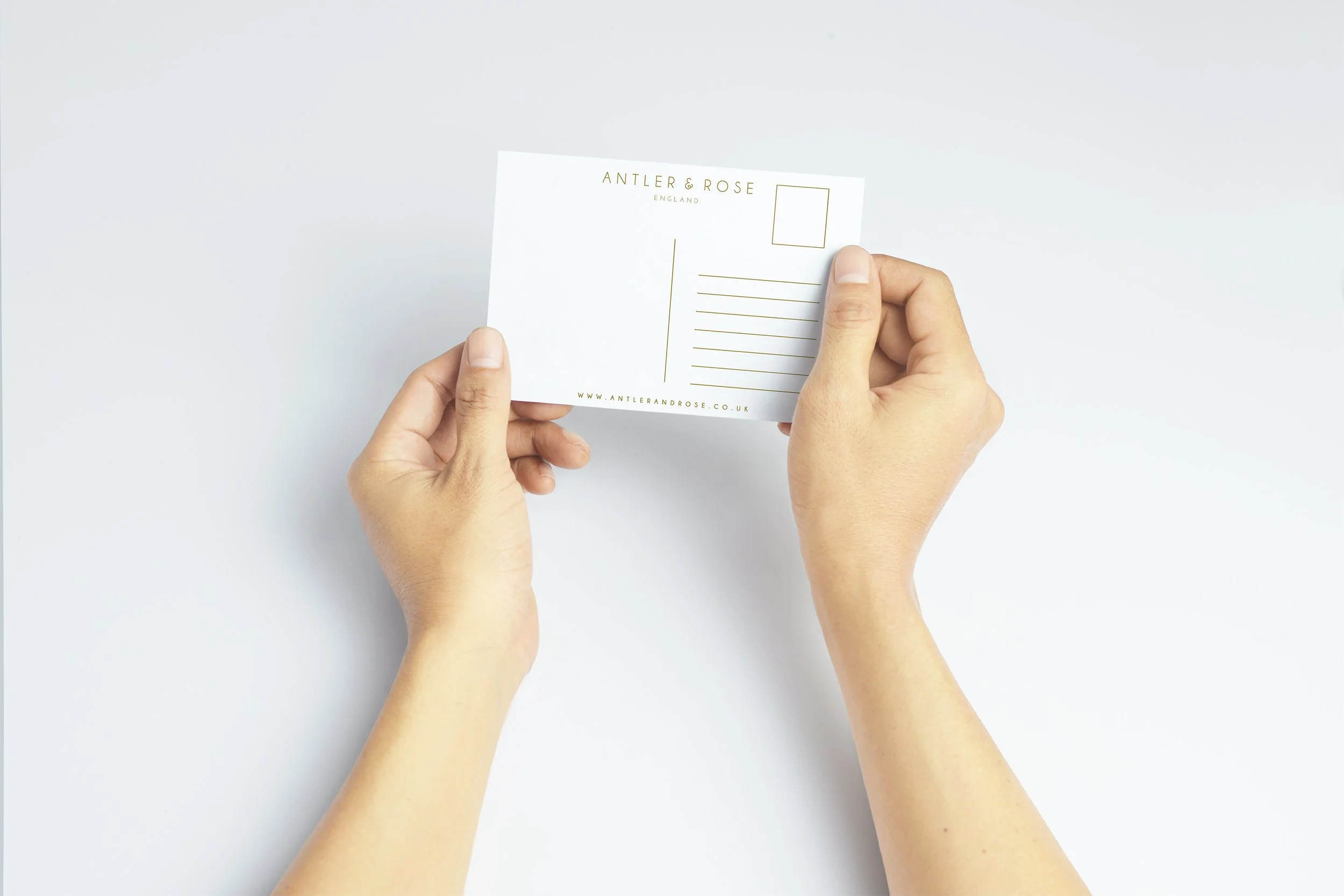 Back of postcard with logo and website, held in hands.