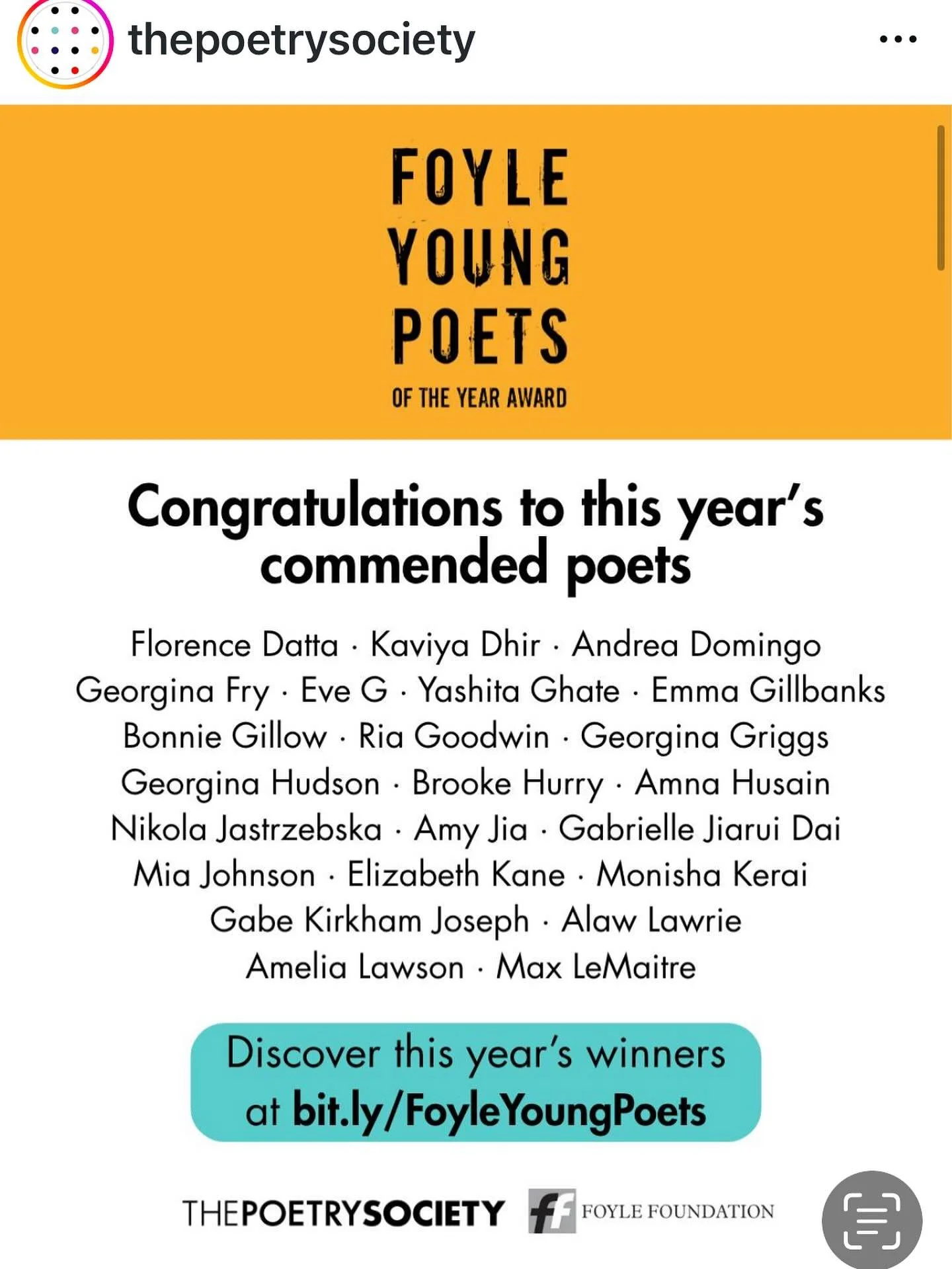 One of my amazing Poetry Club students is on this list. I&rsquo;m so, so proud - this is such a huge deal!