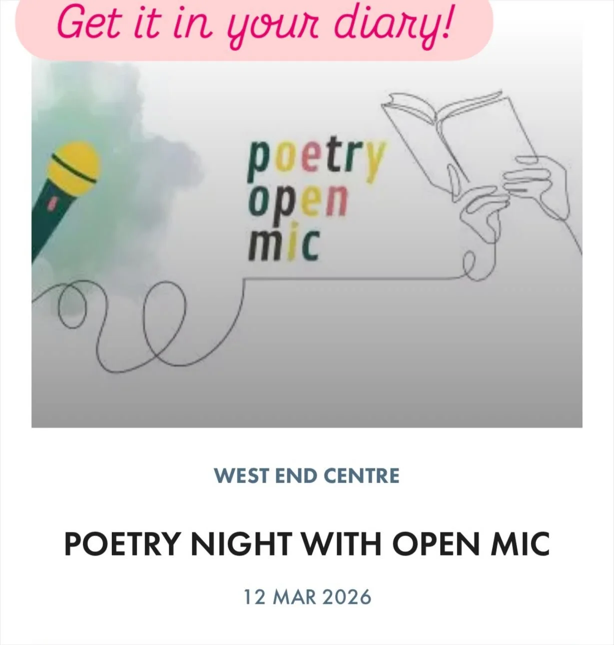 Getting excited already for our next Poetry Night at the @westendcentre. These evenings make me feel all warm and glowy inside! &hearts;️

https://www.westendcentre.co.uk/event/poetry-night-open-mic-0