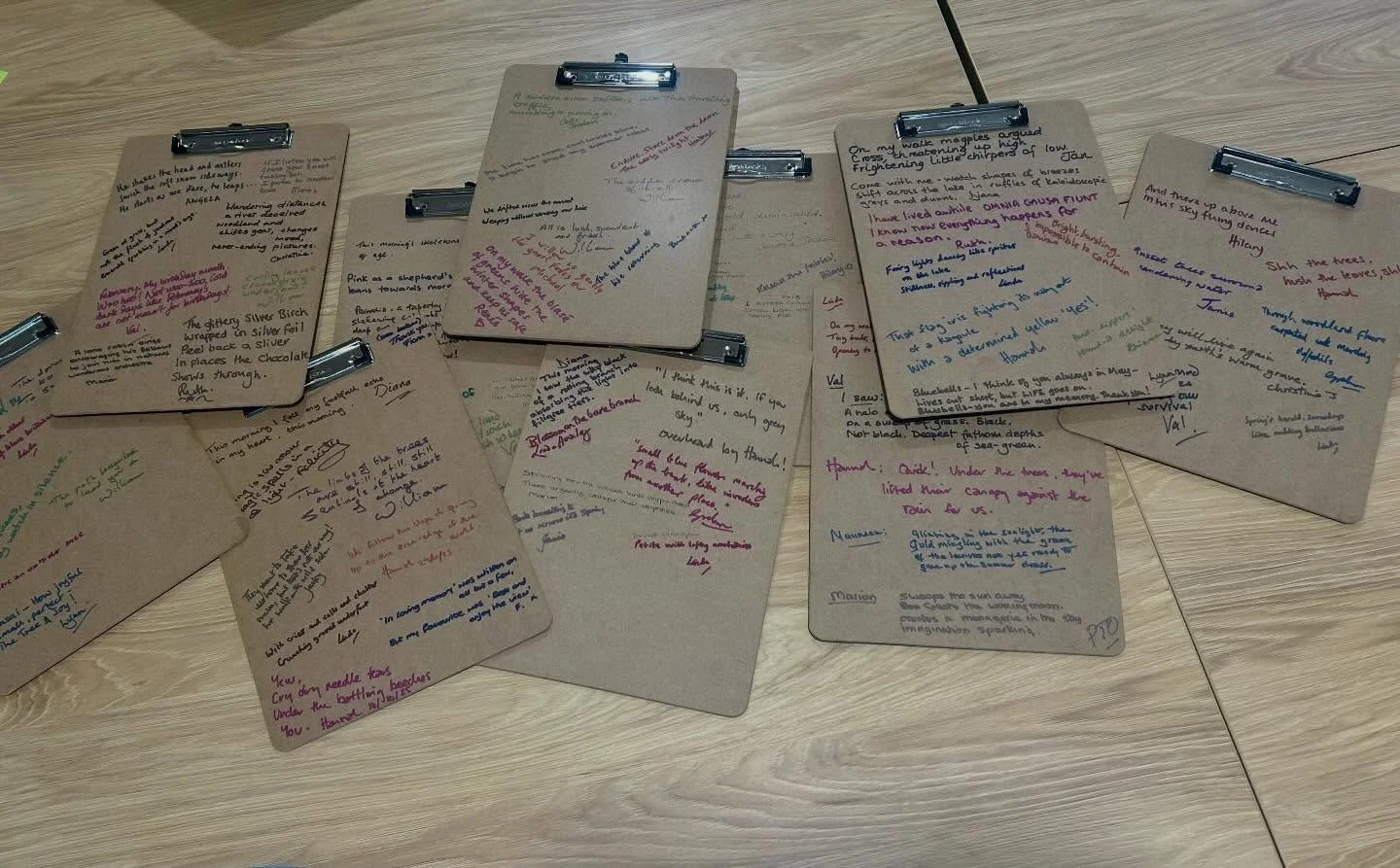 When I started running workshops at @painshill just over two years ago, I bought a bunch of plain MDF clipboards to use on our poetry walks round the landscape. Since that first workshop I&rsquo;ve asked my lovely poets to write one line they&rsquo;v