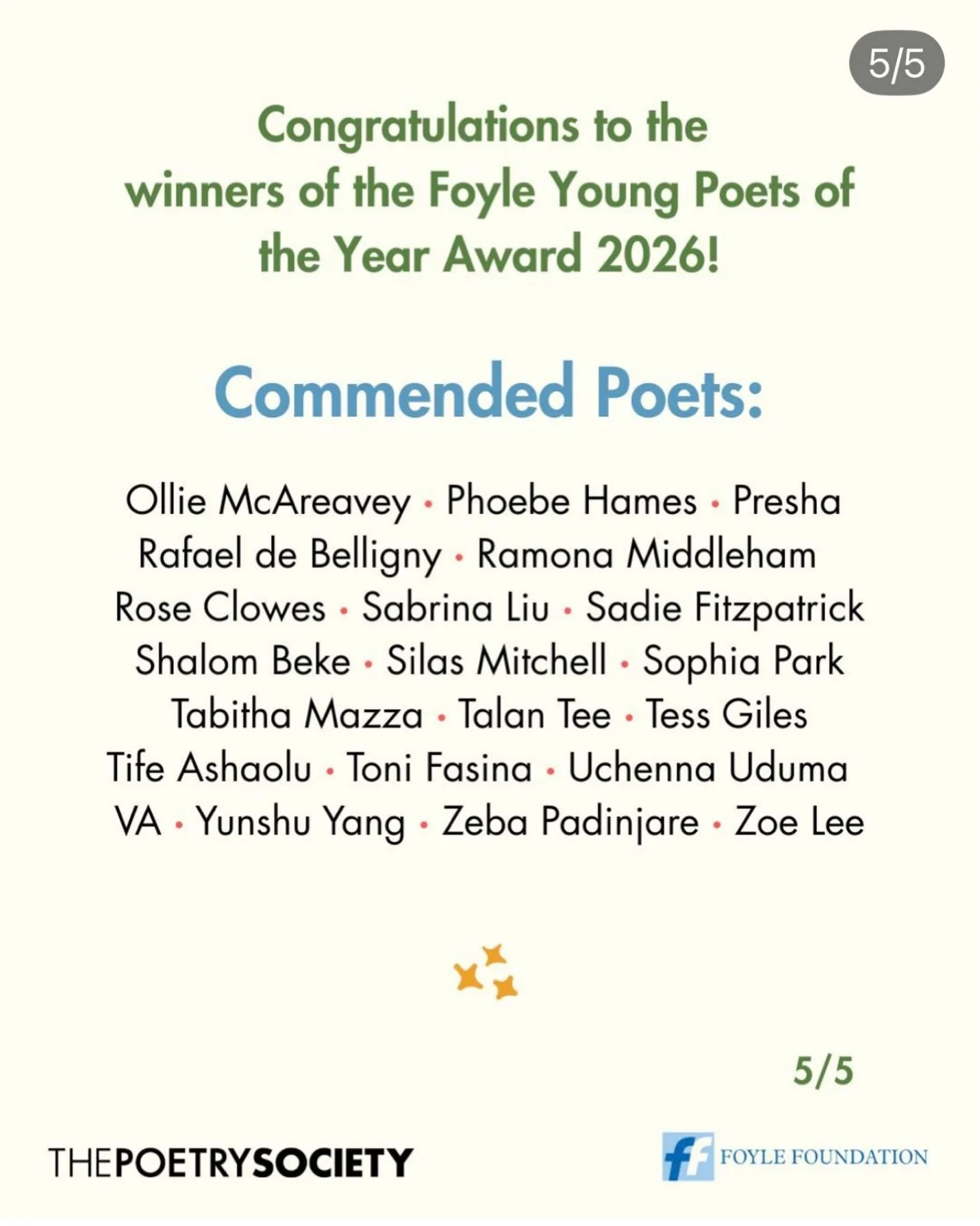 Absolutely over the moon to be able to celebrate another student from my Poetry Club at Kings being commended as one of the top 100 in the Foyle Young Poets competition. That&rsquo;s out of over 10,000 entries! So, so proud 🙌