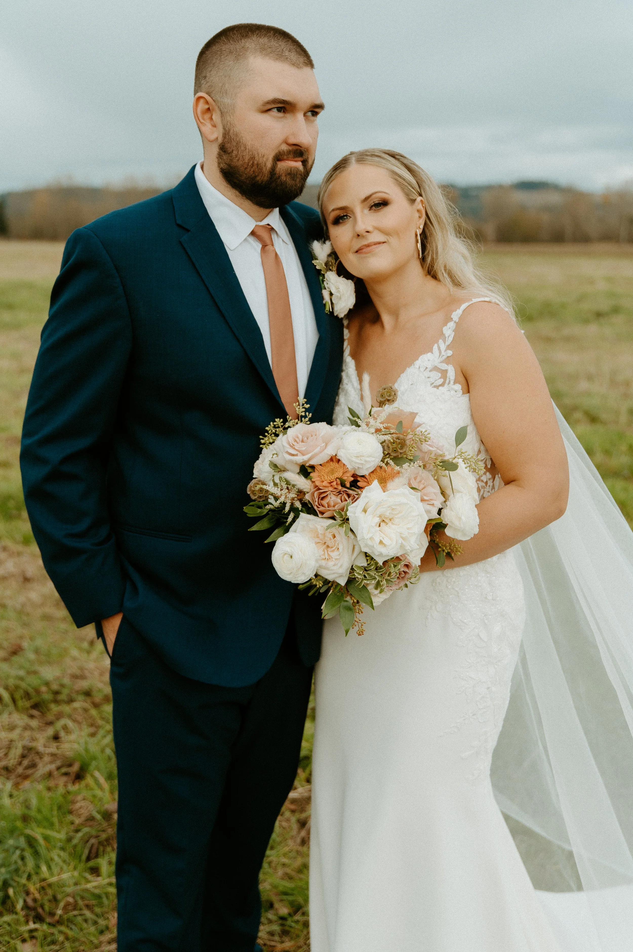 bride and groom portrait in field farm 12 wedding pnw