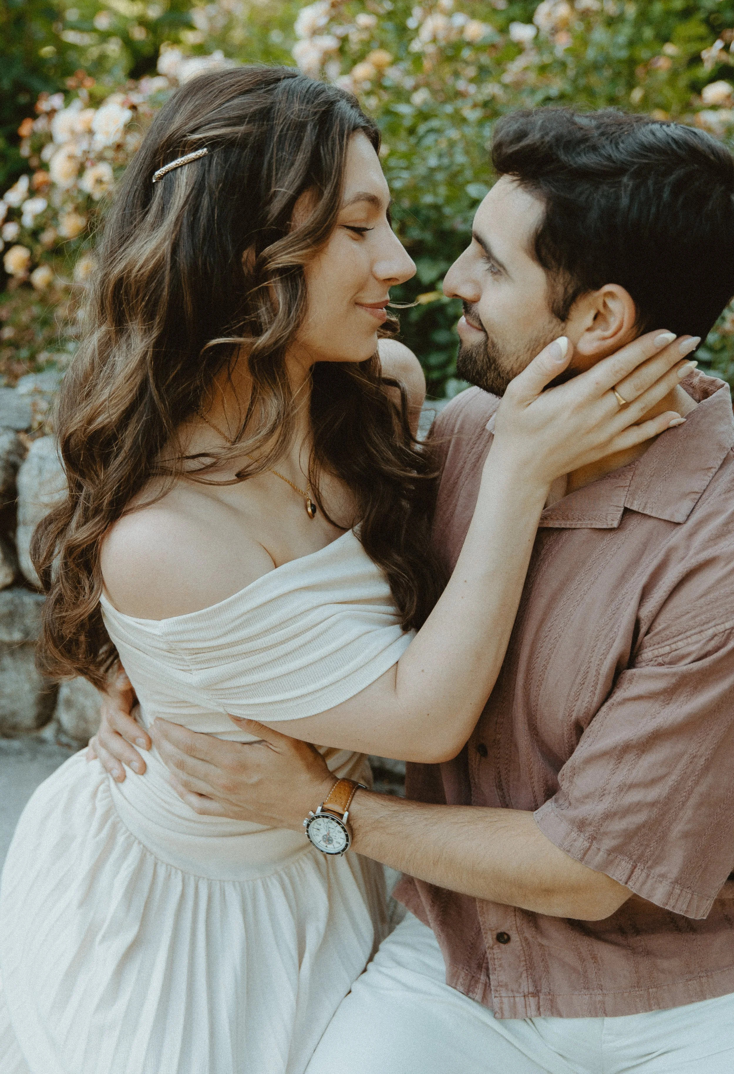 Close-up of couple about to kiss + soft romantic moment + Seattle engagement photographer + natural light portrait