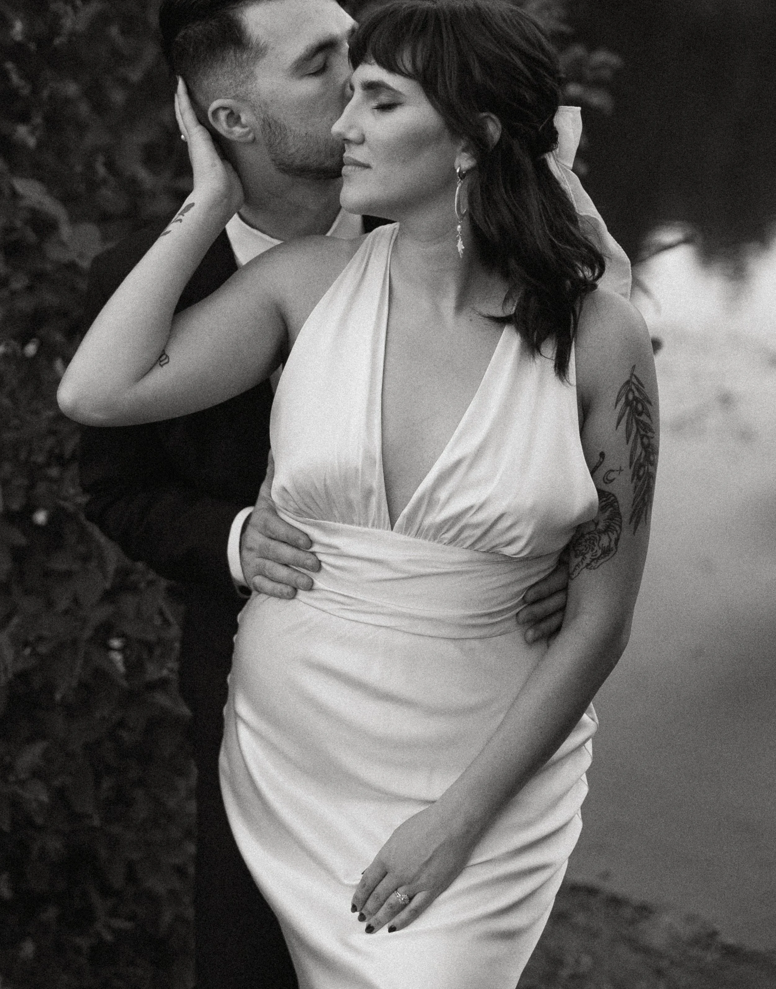 black and white elopement moment by the lake + intimate wedding photography Washington + Gold Creek Pond elopement