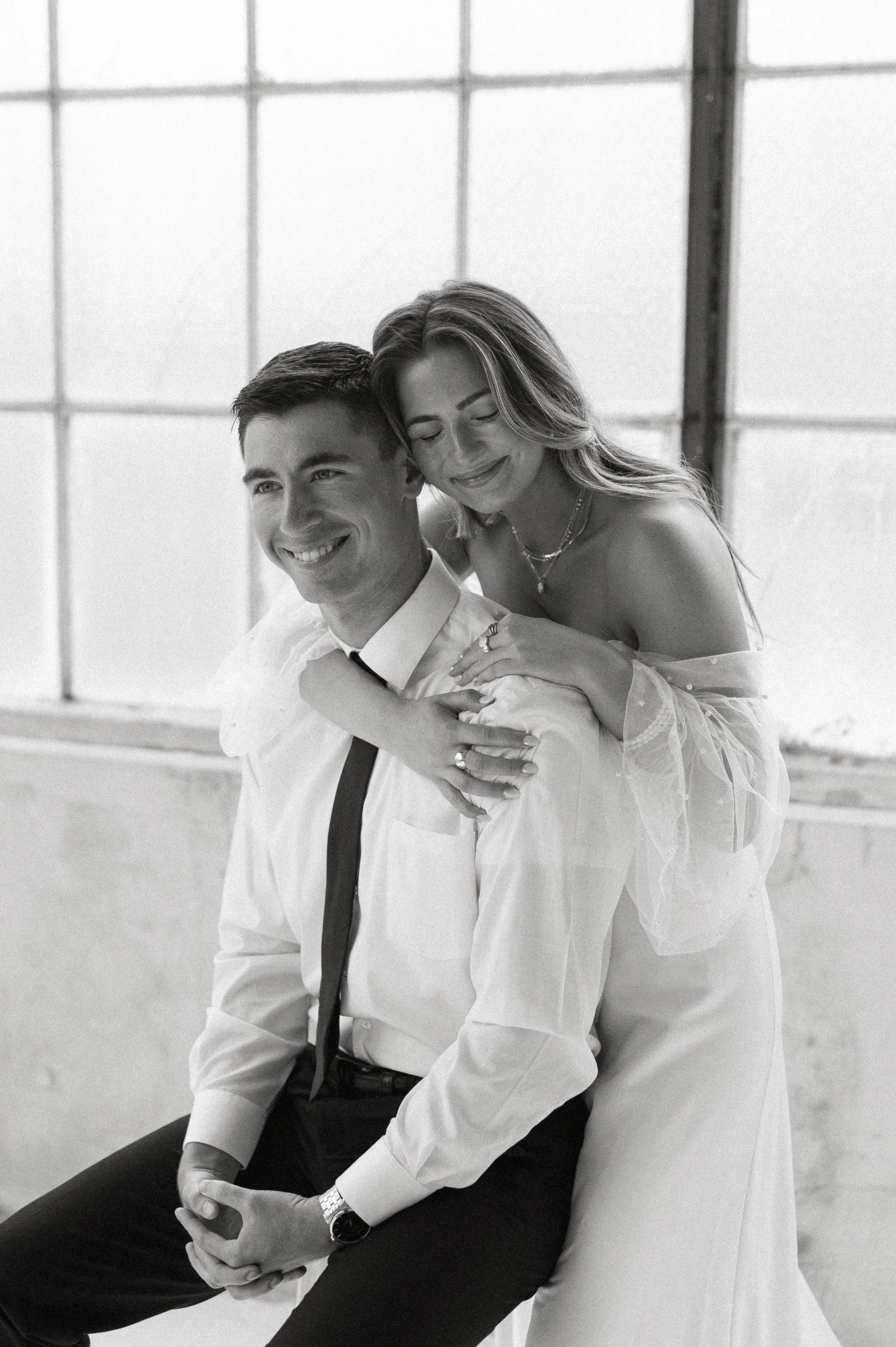 Seattle wedding photographer capturing intimate black and white studio bridal portraits