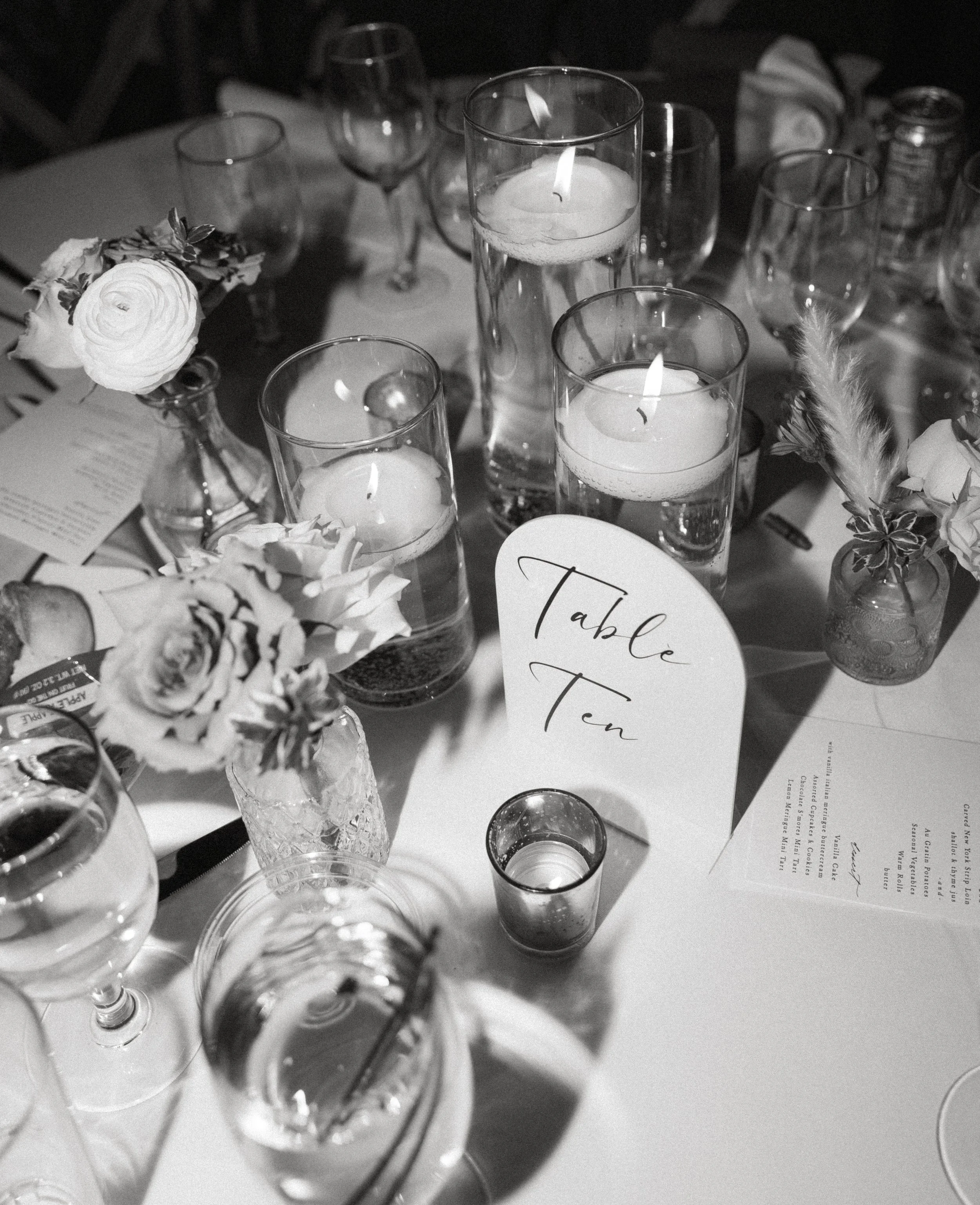 wedding table decor candles black and white reception detail