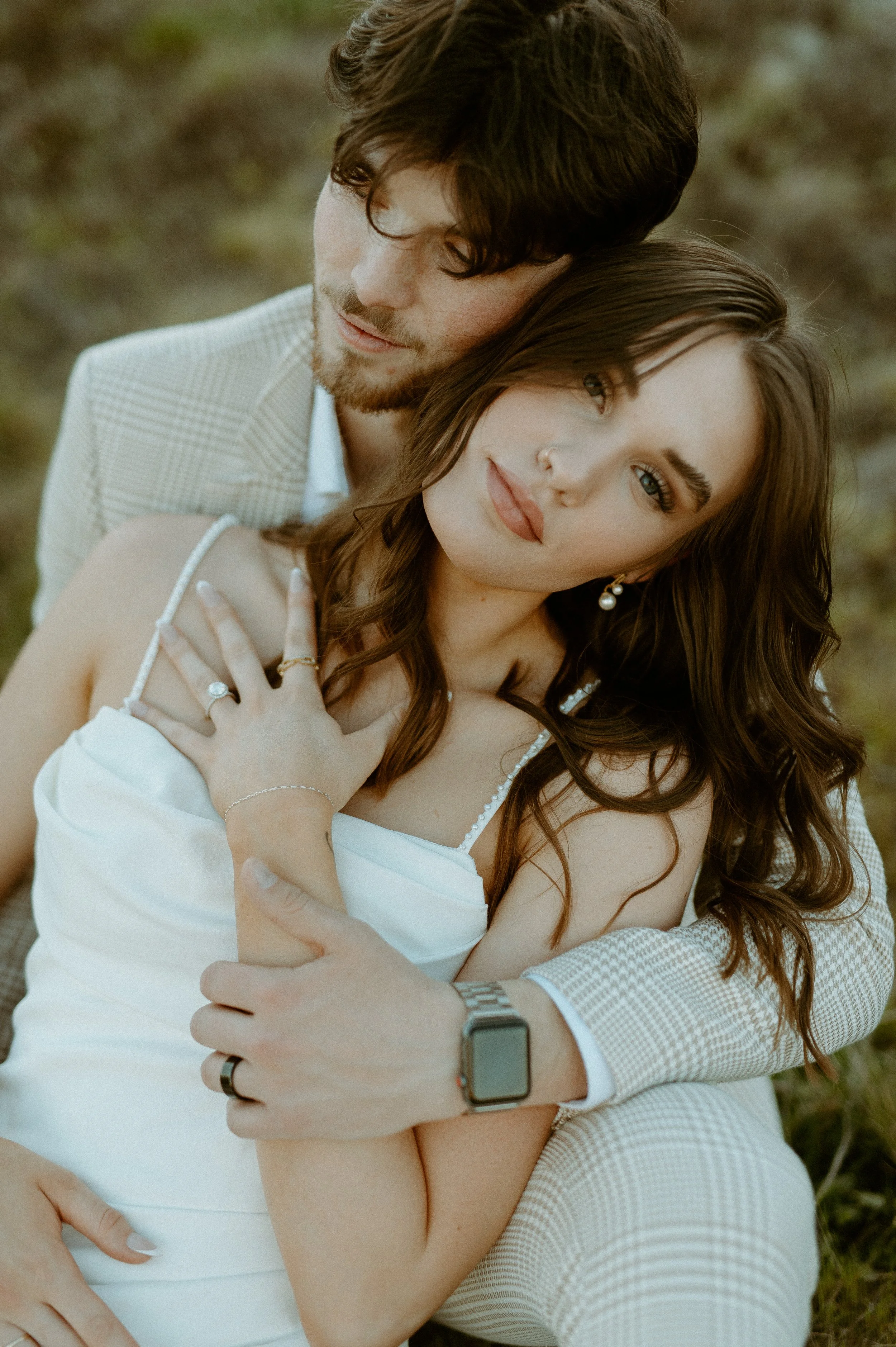 close up of couple during golden hour styled bridal shoot with soft warm light at Chambers Bay