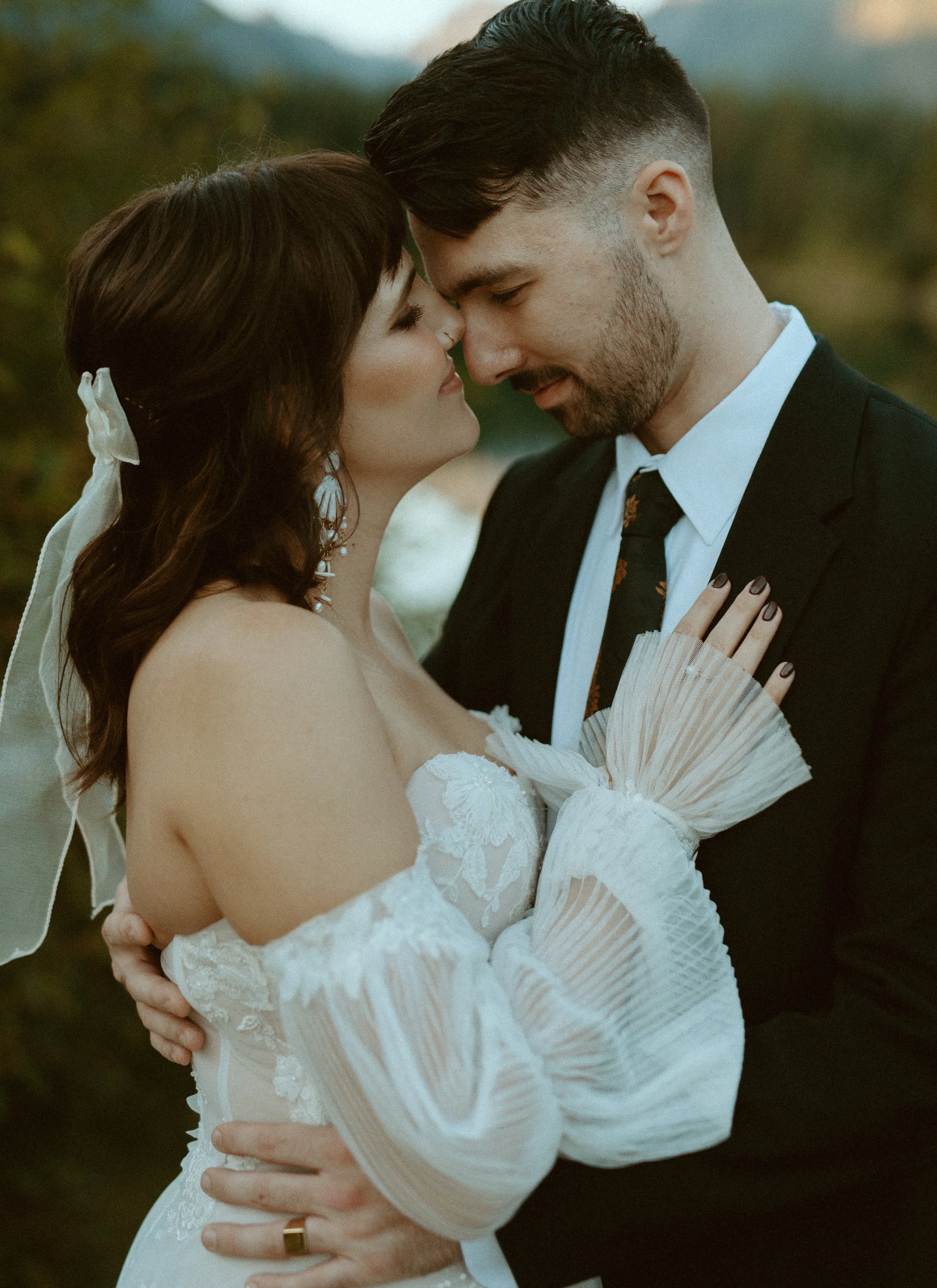 close up romantic moment bride and groom + PNW elopement photography + Gold Creek Pond wedding inspiration