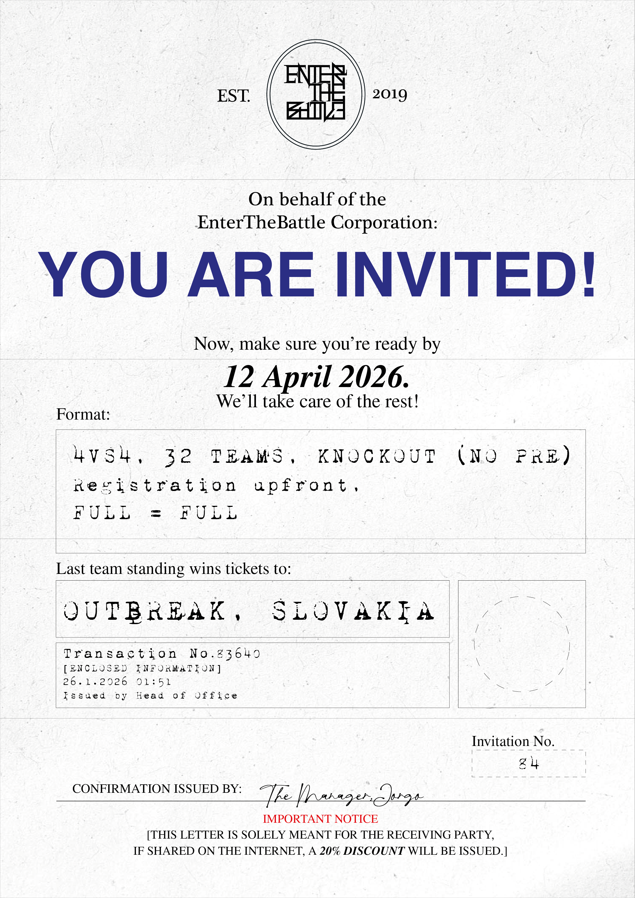 Invitation to a knockout tournament organized by EnterTheBattle Corporation, scheduled for April 12, 2026, with details about team registration and last team winning ticket to Slovakia.