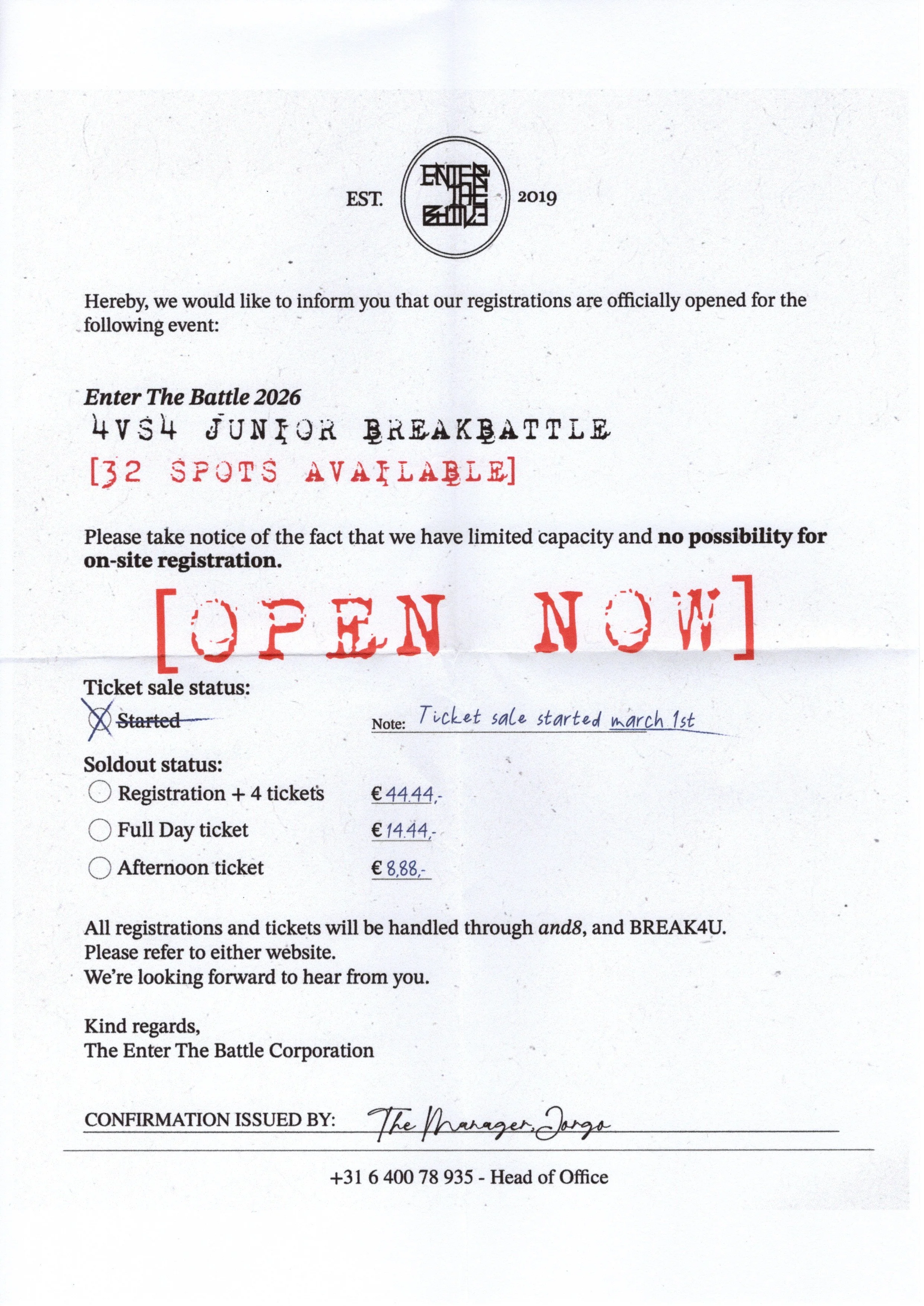 Event registration document for 'Enter The Battle 2026' JuNIOR Breakbattle, stating 32 spots available, open now, with ticket prices and statuses, signed by 'The Manager Jago'.