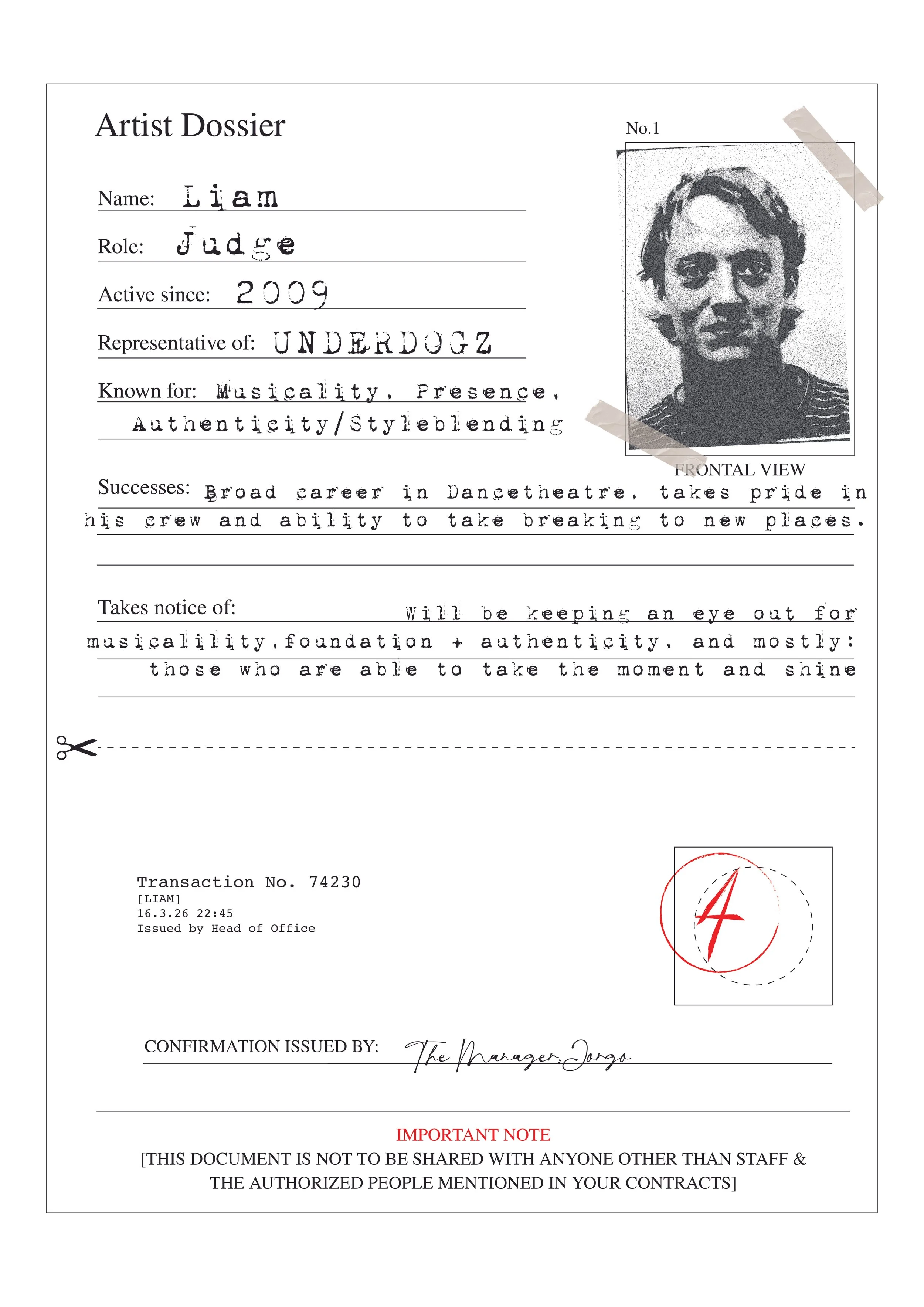 A detailed artist dossier form with a black and white portrait of Liam, a judge with a defined image, and a red number '4' seal at the bottom right. The form includes personal details, career successes, and an official signature.