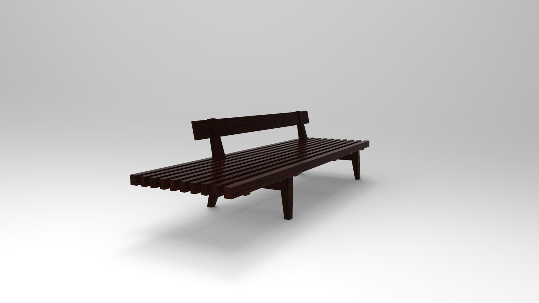 A dark brown wooden bench with a slatted seat and backrest, set against a plain light gray background by Tibor "TeaBee" Sander.