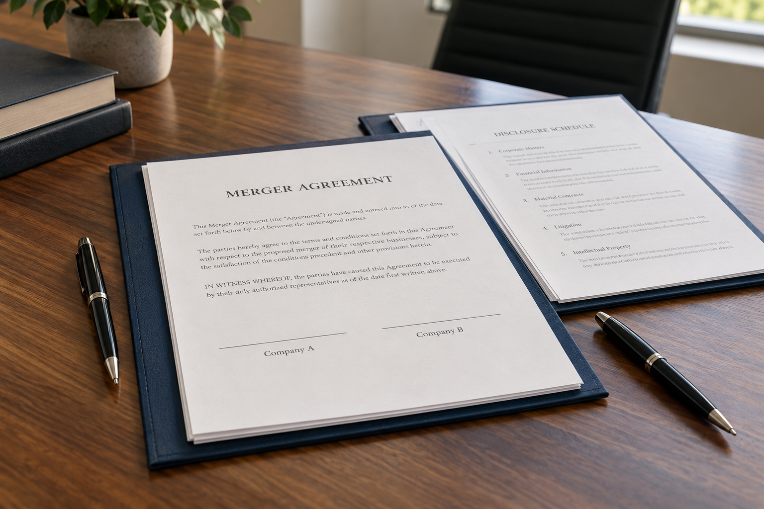 Corporate merger agreement and supporting documents ready for signature