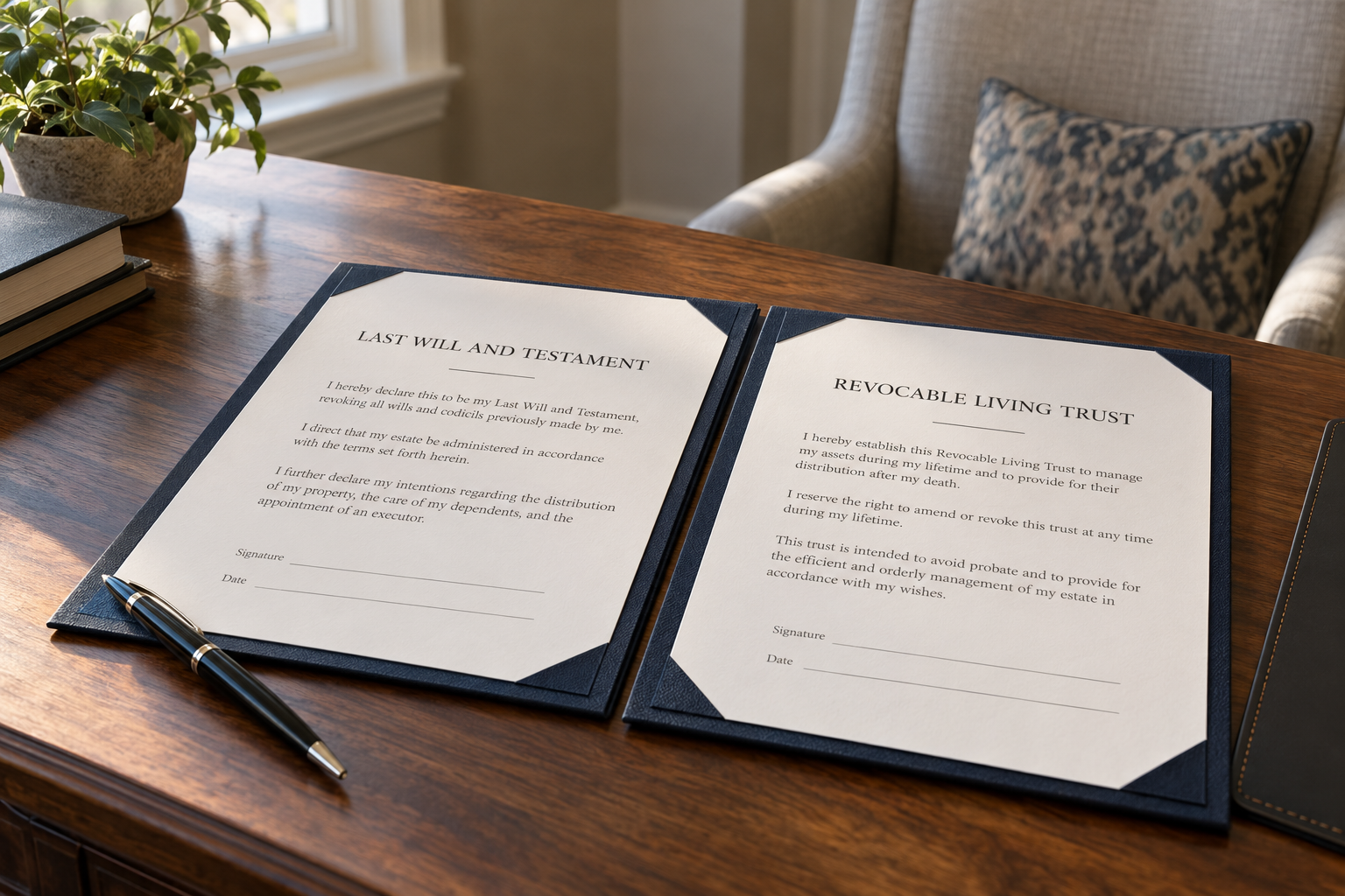 Last will and testament and revocable living trust documents ready for signature