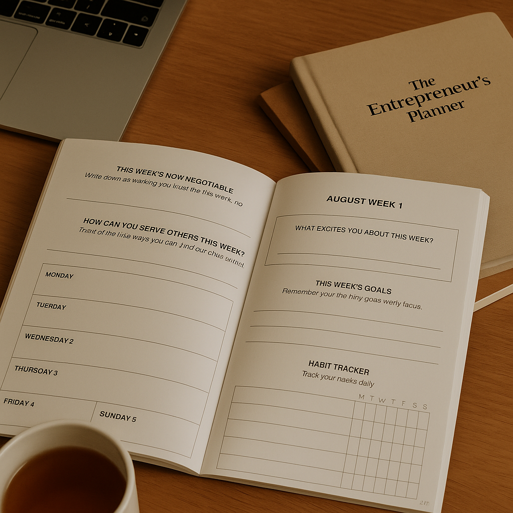 Entrepreneur's Workspace with Planner and Tea.png