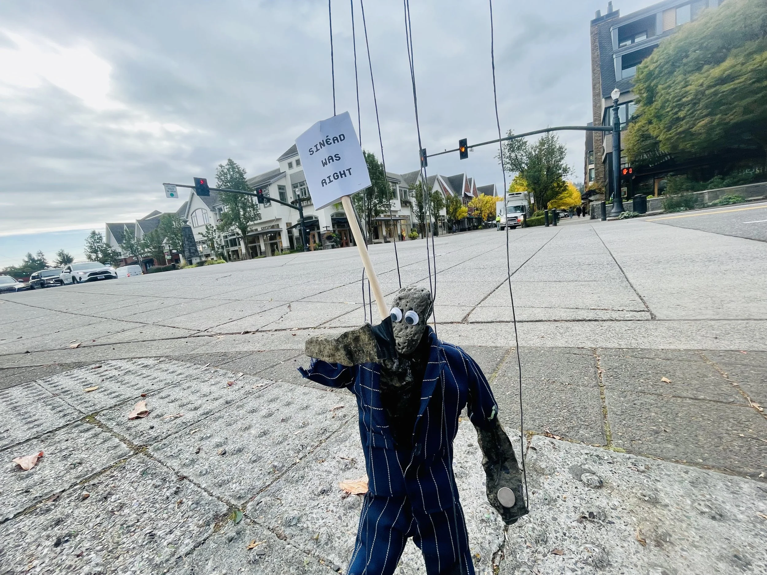 Rock Puppets
I made a lot of these out of River rock. The idea was to hang rocks to practice balancing marionettes, but then I started liking how the puppets looked and put clothes on them. Anyway I gotta bunch of these still.