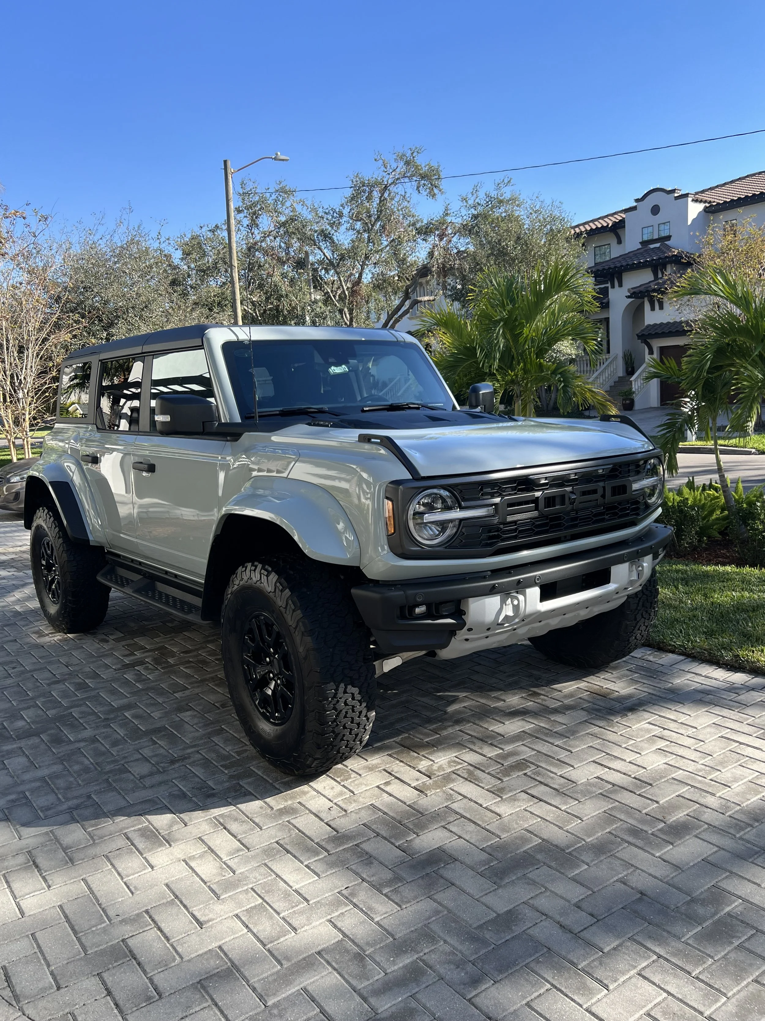 A silver off-road vehicle parked on a paved driveway, with a white house, palm trees, and a clear blue sky in the background.