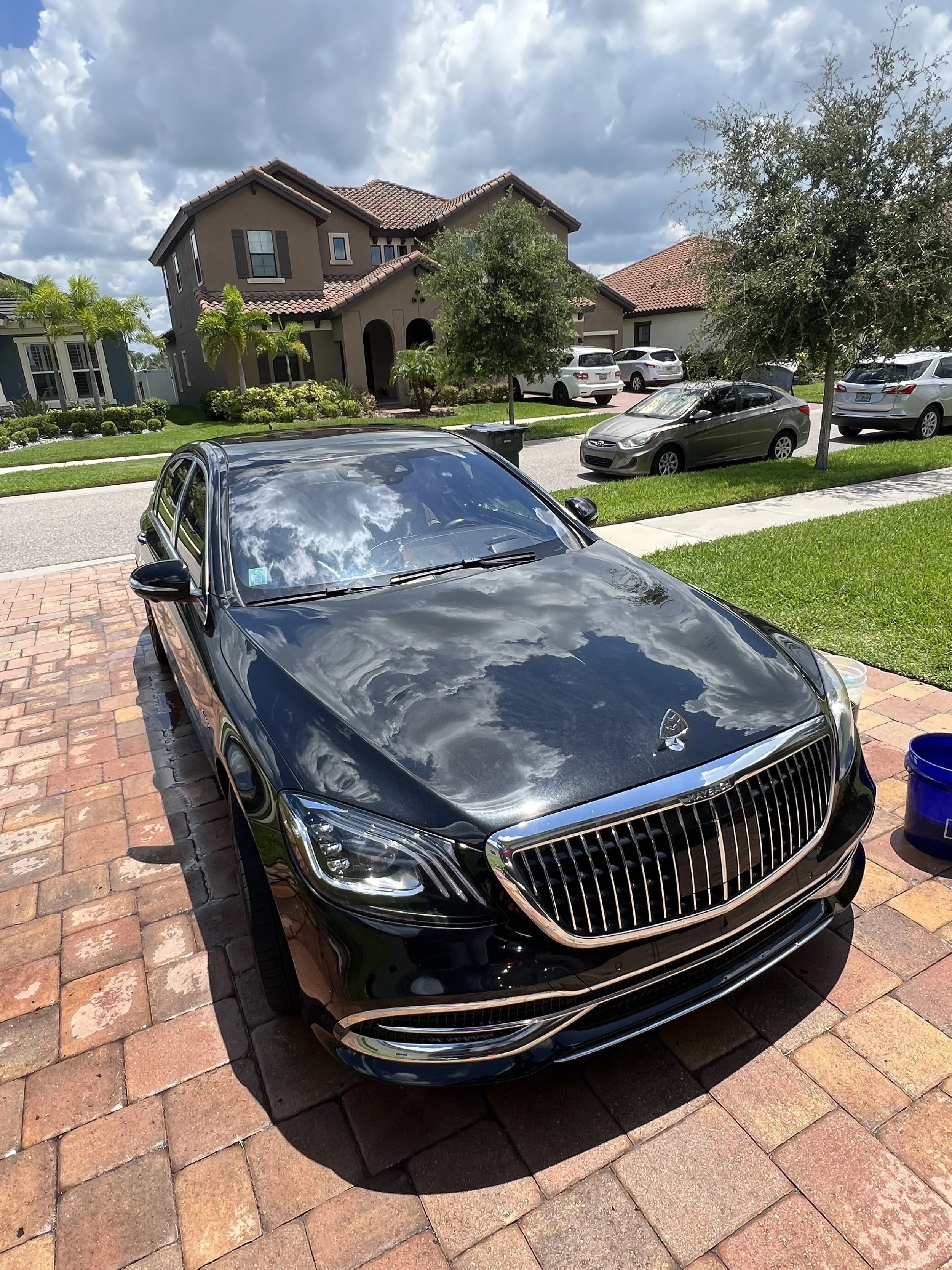 Black luxury car parked on brick driveway in front of suburban house with palm trees, green grass, parked cars, cloudy sky.