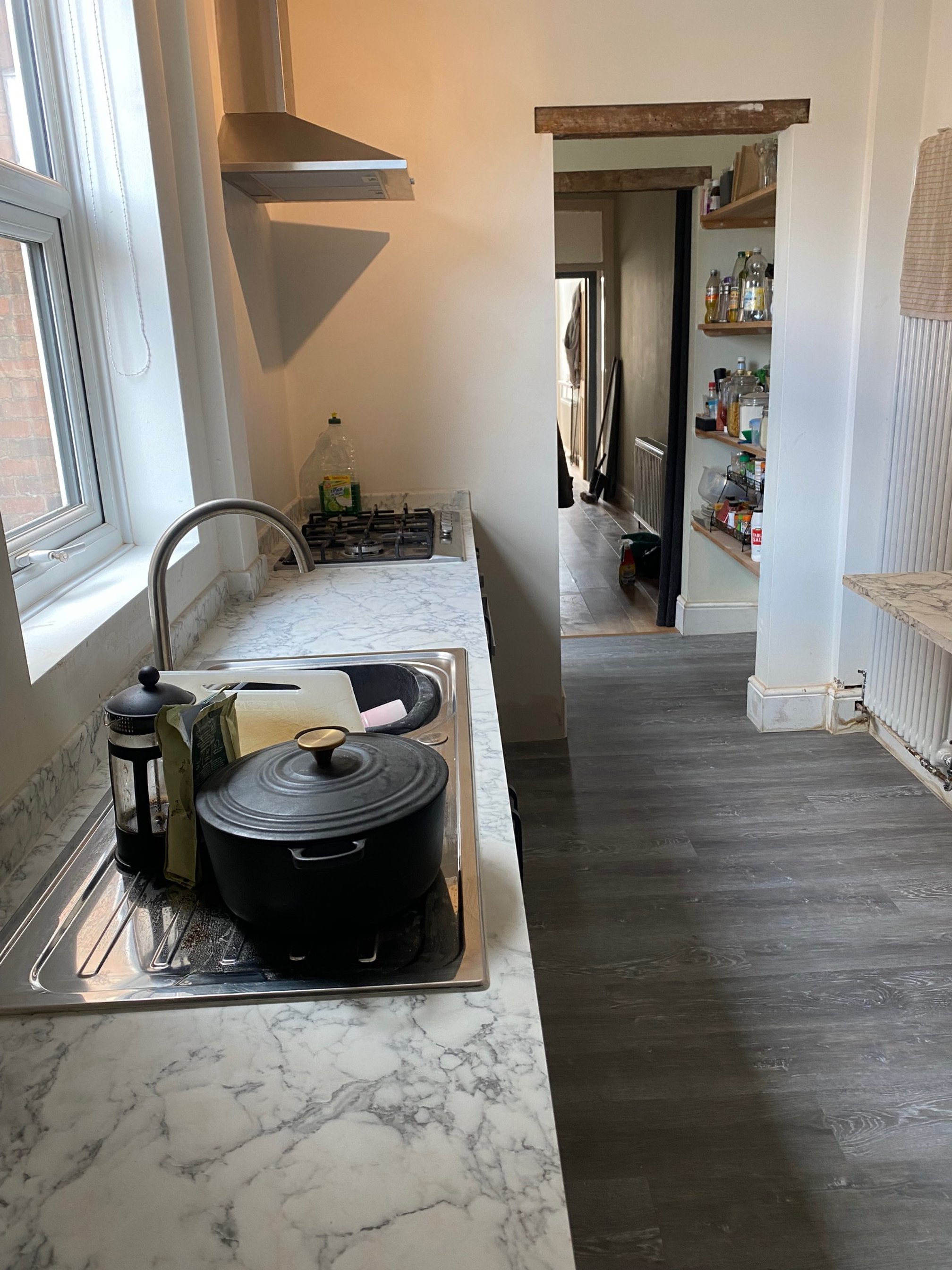 tiled shelf shelving niche bath en-suite shower unit enclosure vanity units white kitchen island renovation plastering flooring electrical tiling metro modern stylish breakfast bar remodel design contractor rewire installer tradesman builder home imp