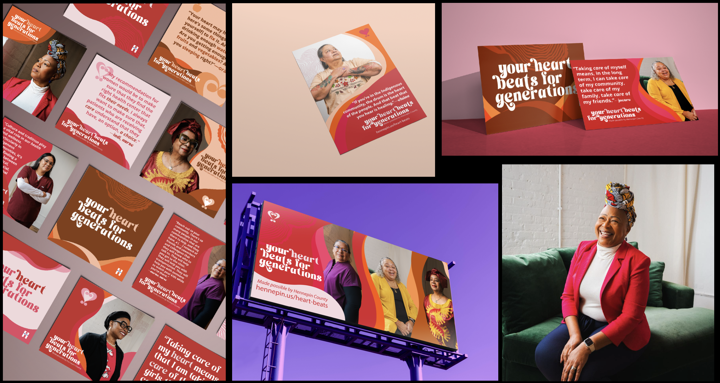 A collage of promotional materials for a campaign titled 'Your Heart Beats for Generations.' The materials include posters, brochures, a billboard, and a woman smiling while seated on a green couch. The campaign features diverse women and emphasizes heart health and caregiving across generations.