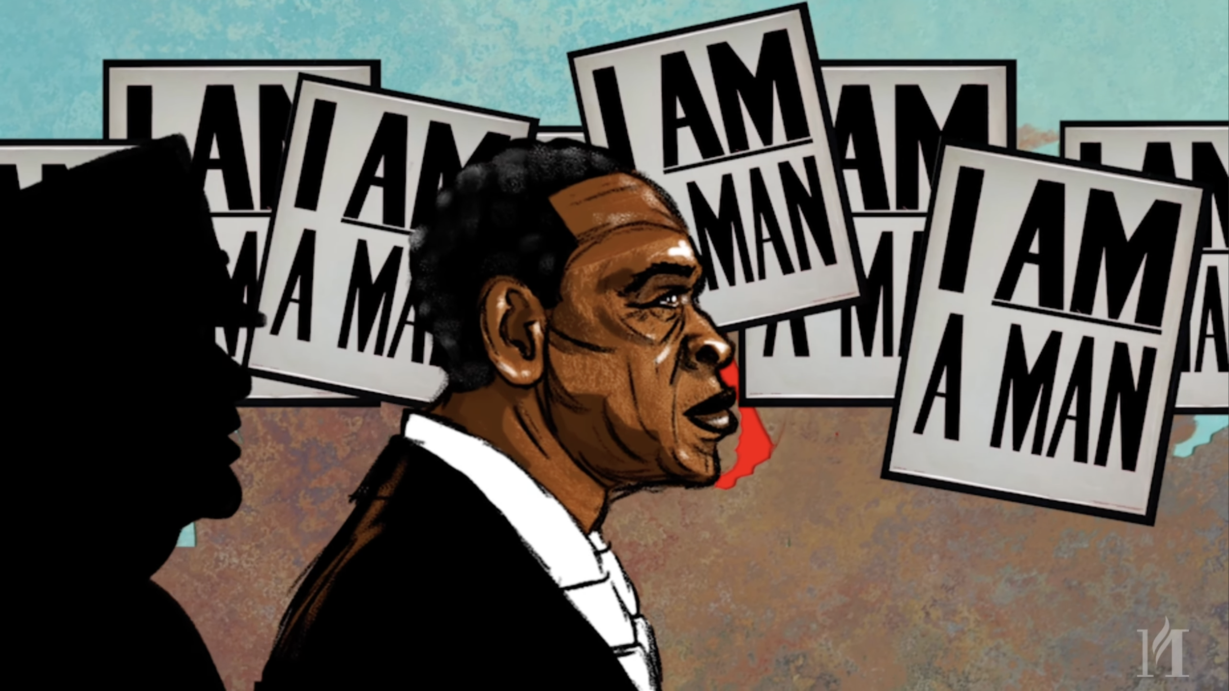 A drawing of a Black male protester from the 1960s, wearing a black jacket and white shirt, standing among protest signs that say 'I AM A MAN' during a protest as he is being followed by a police officer in silhouette.