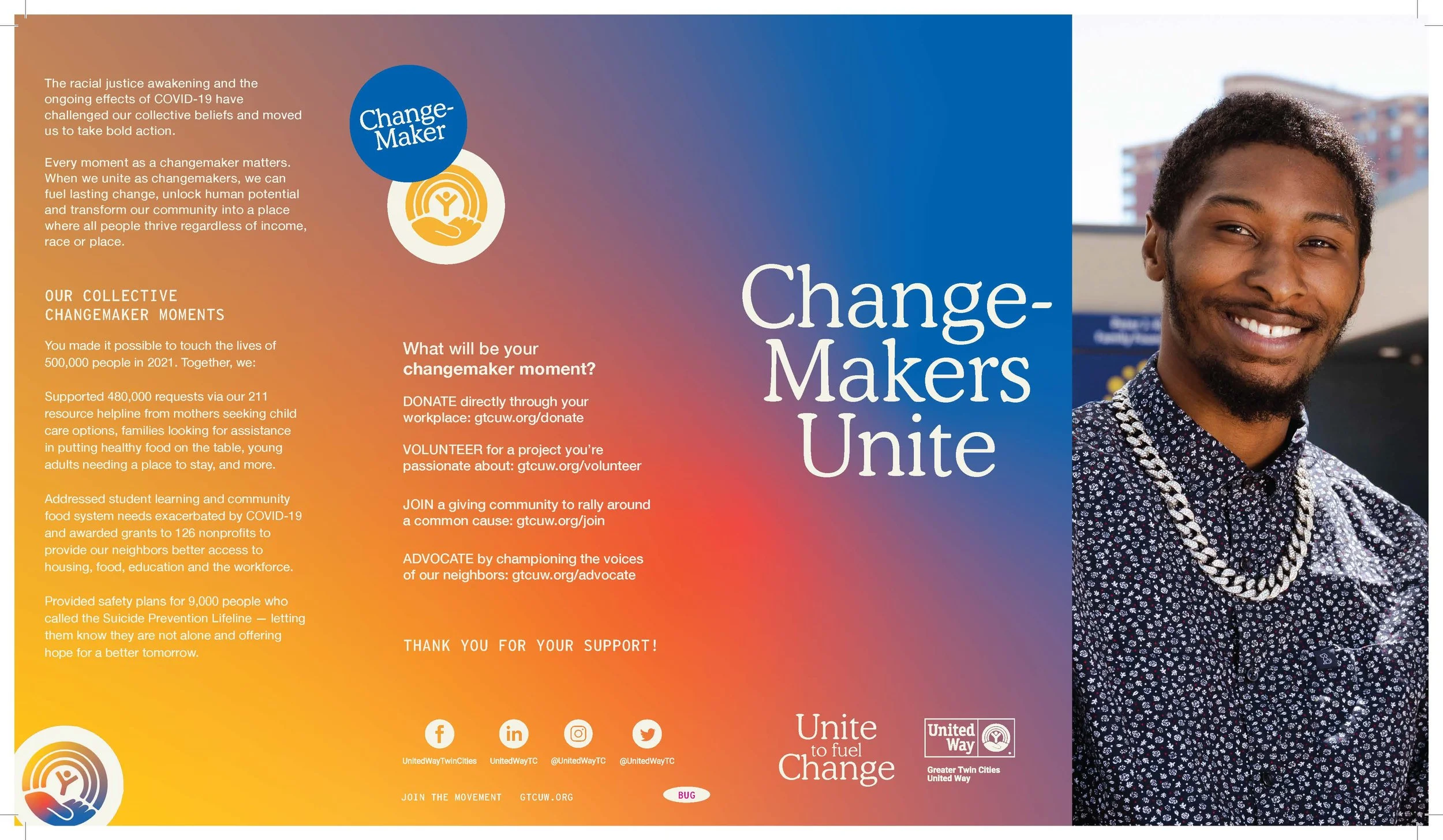 Brochure with a gradient background from purple to yellow, featuring a smiling young man with short curly hair, a patterned shirt, and a chain necklace. The brochure discusses racial justice, COVID-19, and community action, and includes logos of United Way and social media icons.