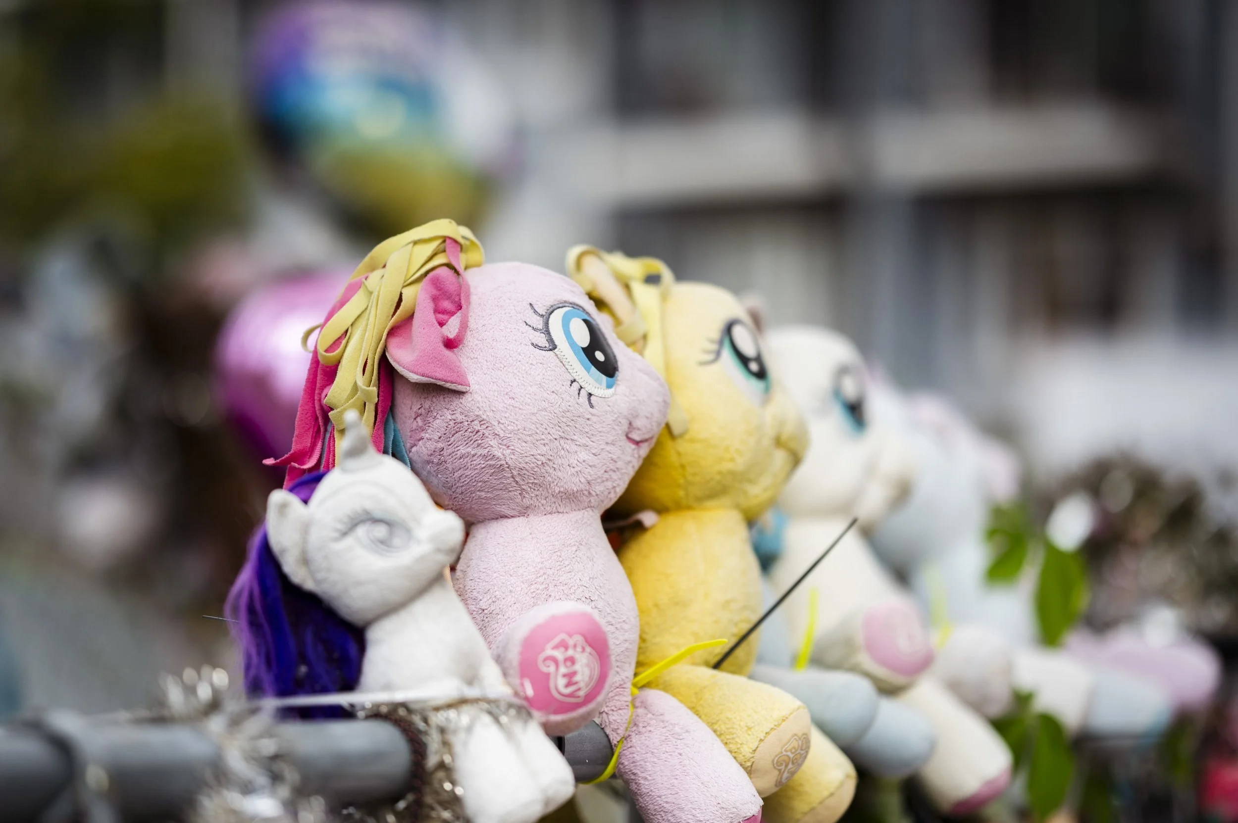 Colorful plush toys of My Little Pony characters are displayed at a memorial for Aniya Allen outdoors, with a pink pony with rainbow hair and blue eyes in the foreground.