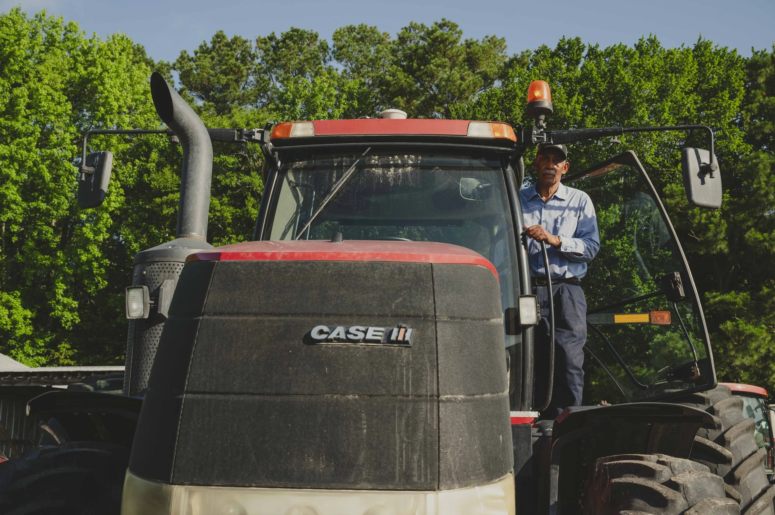A man standing inside a red-colored Case IH tractor's cabin with open door, holding the steering wheel, surrounded by green trees.