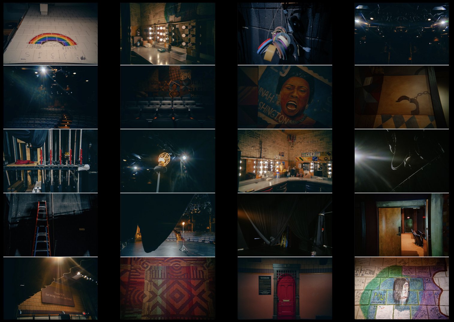 A collage of various theater and backstage images, including dressing rooms, stage setups, lighting equipment, a mural, and artistic props.