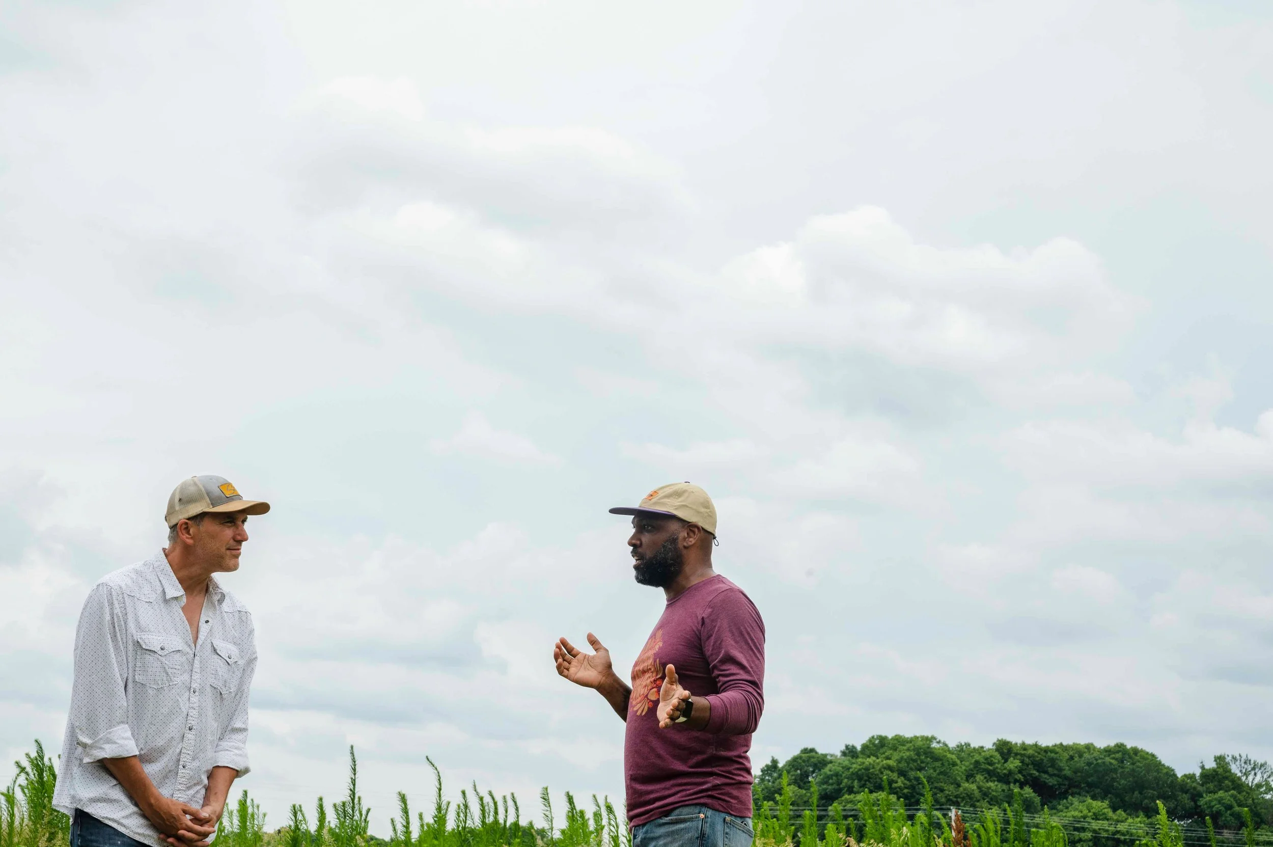 Two men having a conversation outdoors in a field with green plants and trees, under a cloudy sky.