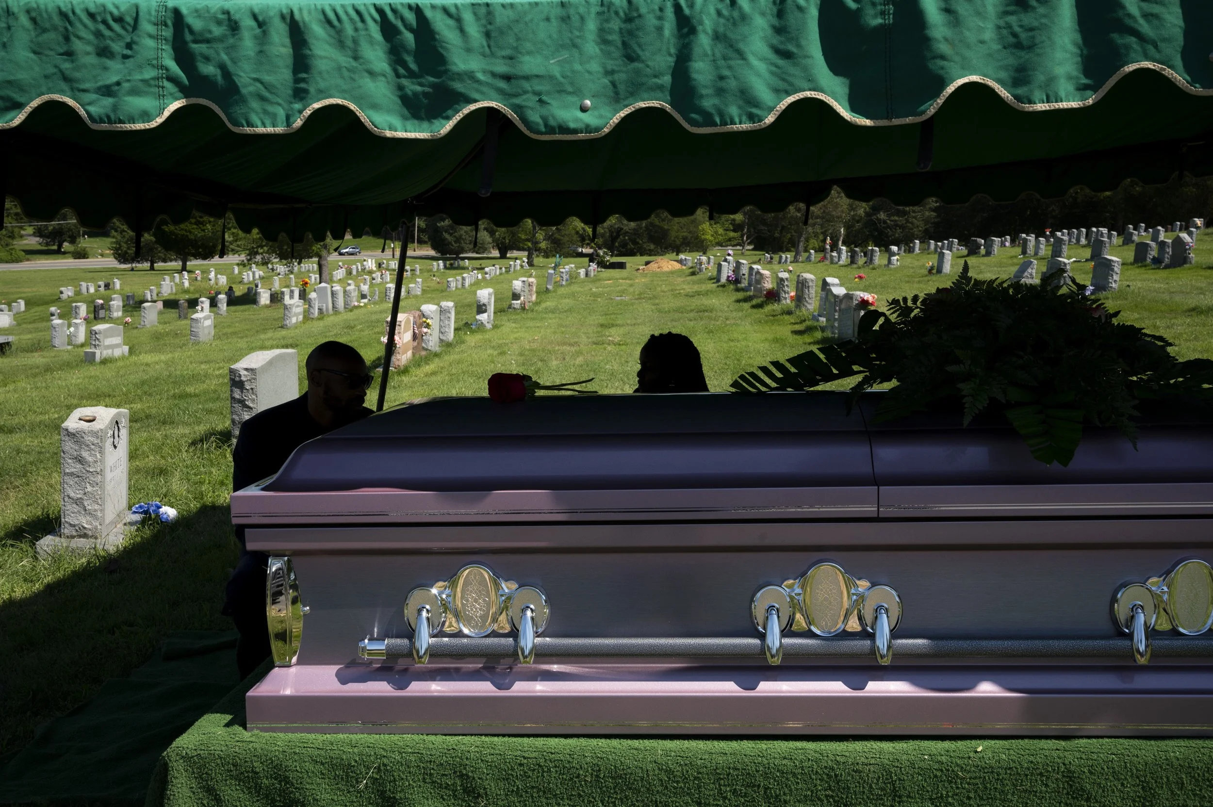 Coffin with pink and black colors and metallic handles lies in a casket at a graveyard during a funeral, shaded by a green canopy with many gravestones in the background.