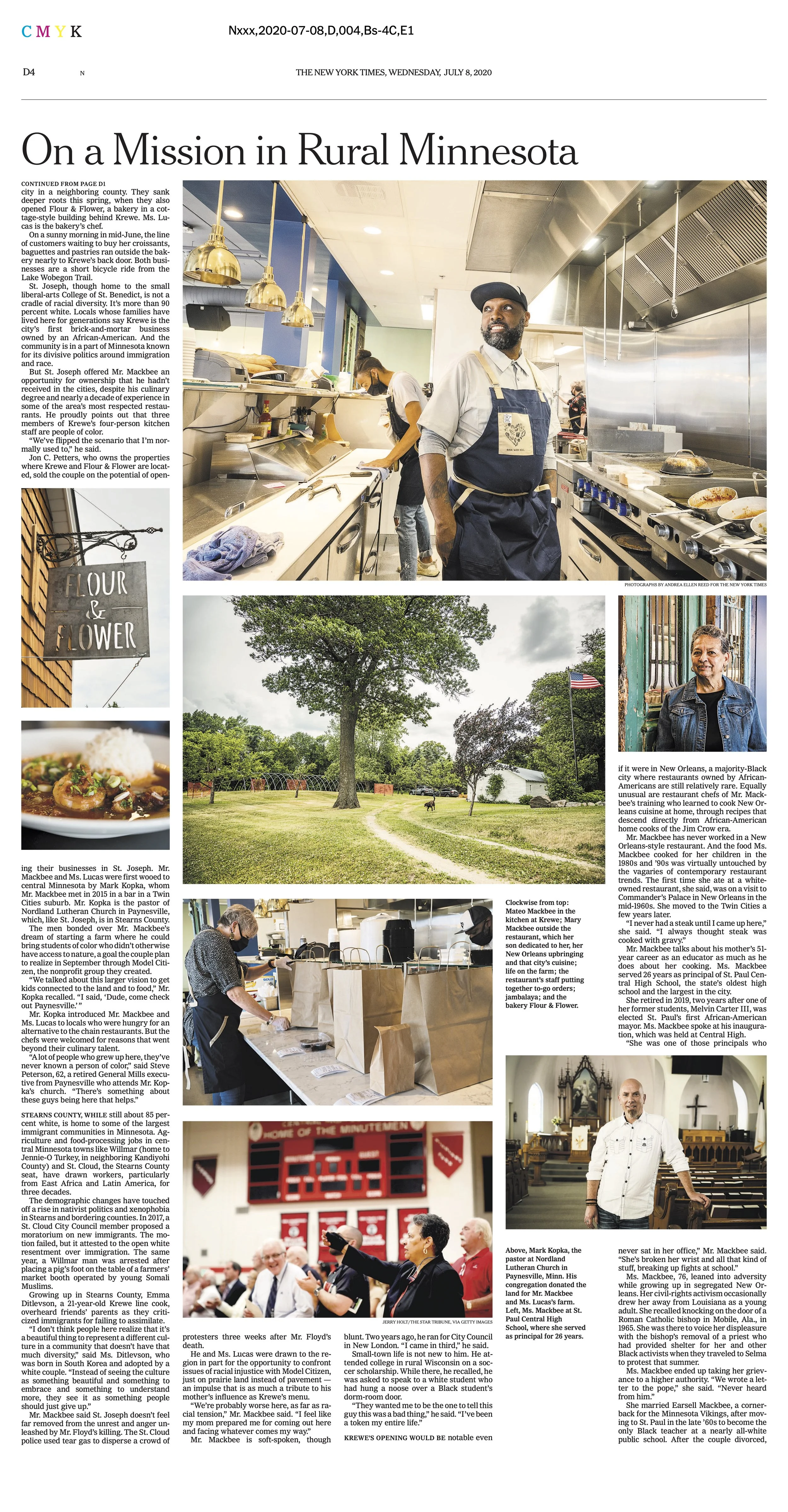 Newspaper page titled 'On a Mission in Rural Minnesota' with photos including a chef in a kitchen, a rural outdoor scene with big trees and a flag, a woman in casual clothing, and a man at a lectern during a church event.