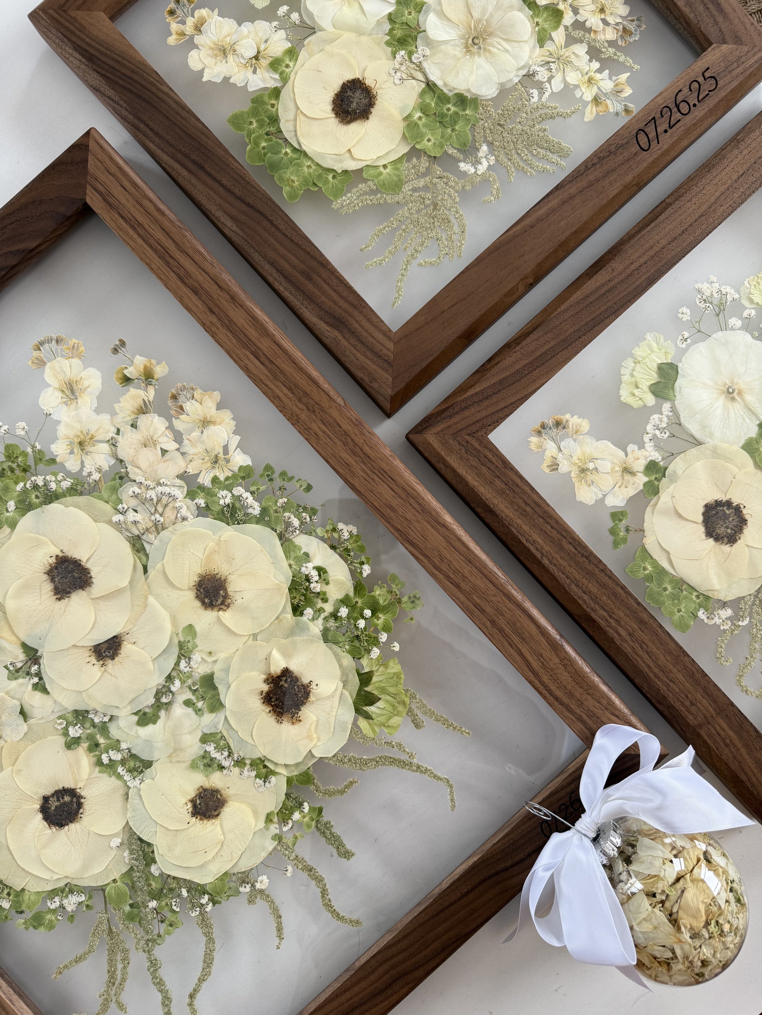 Bridal bouquet pressed flower preservation framed.