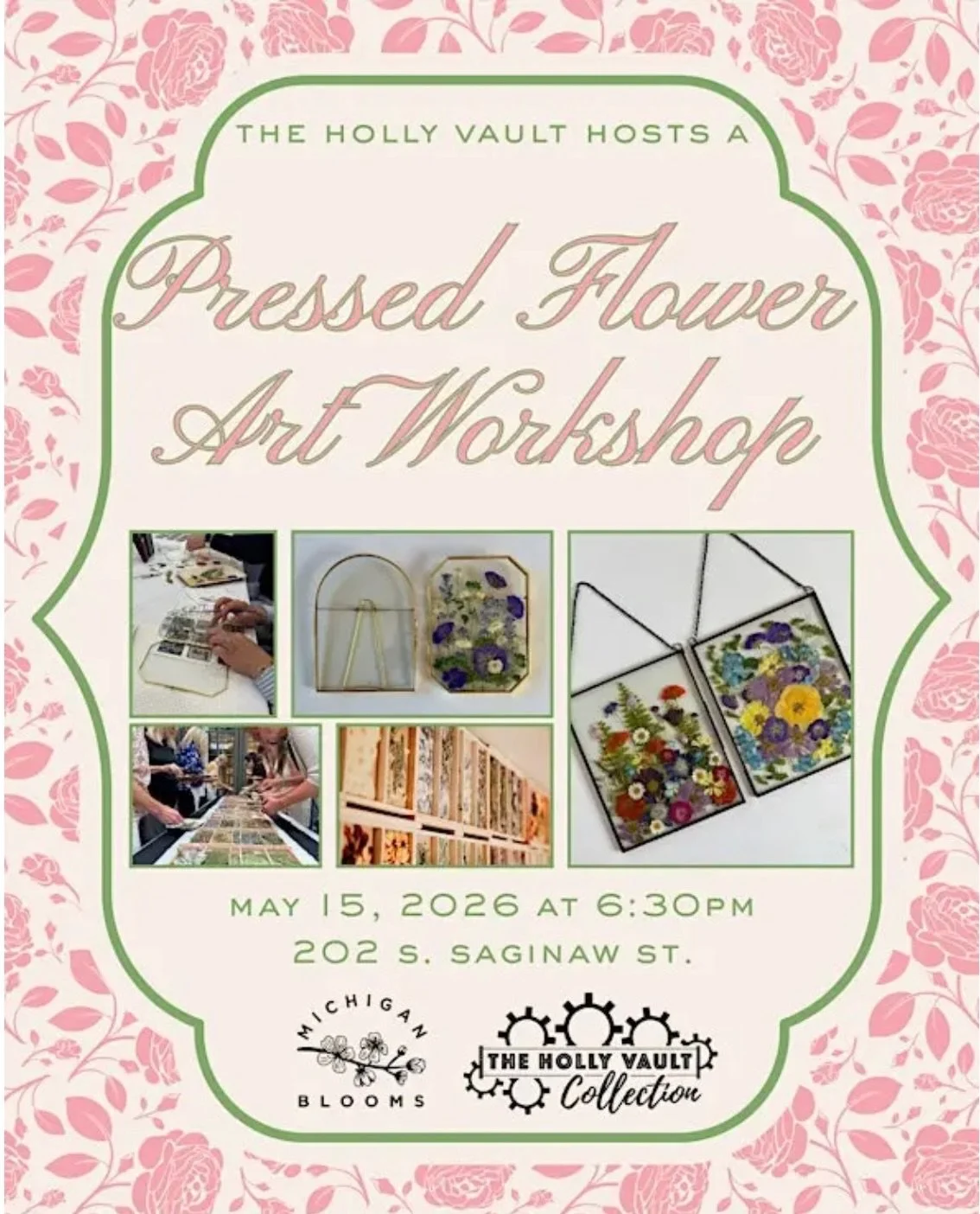 Join us on Friday May 15th at the beautiful Holly Vault Collection for a creative pressed flower experience 🌸! WE will bring our rainbow of flowers from our farm that we have hand pressed and YOU will create a framed piece of pressed flower art!

Ti