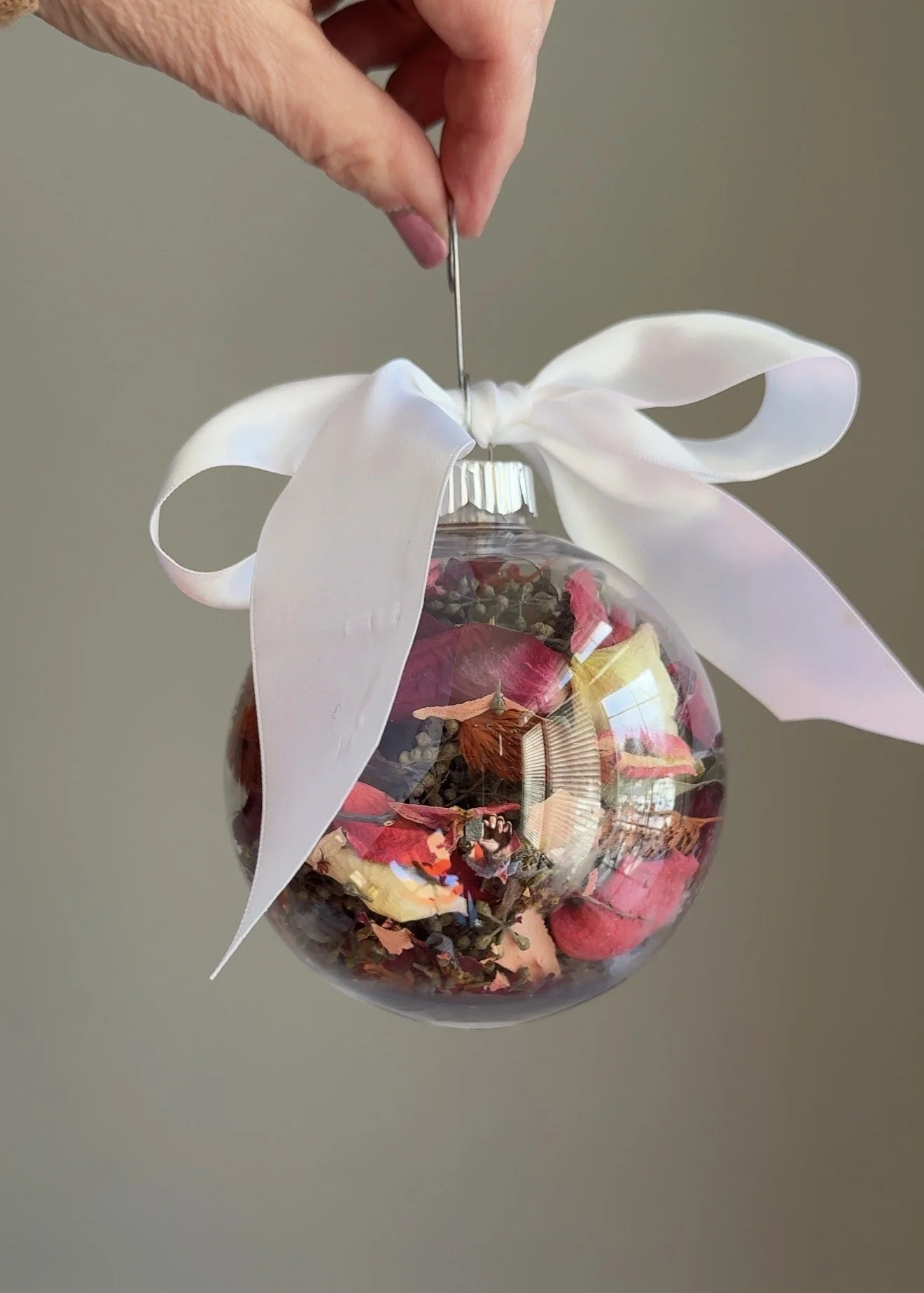 Dried flower ornament from bridal flowers.