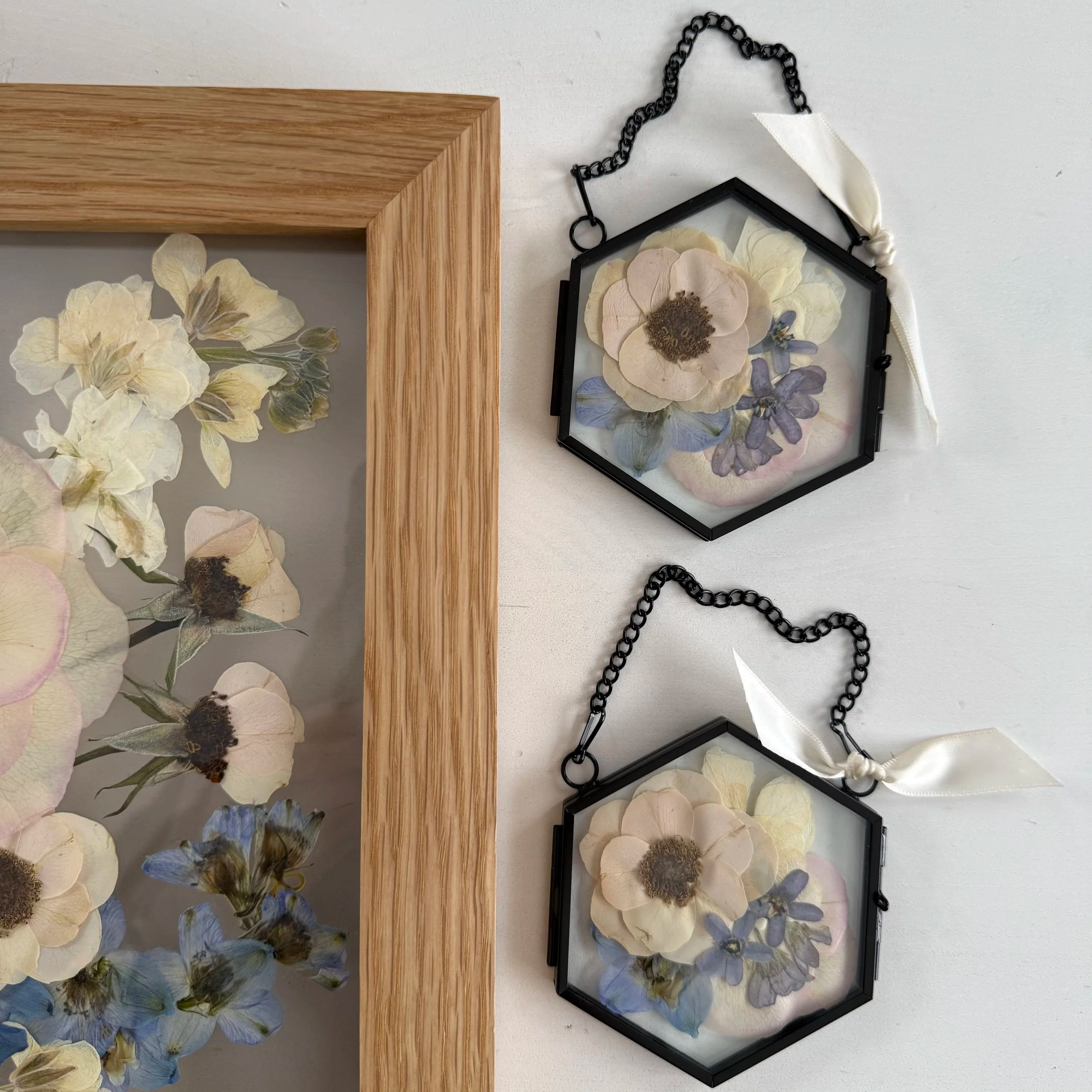 Pressed flower bridal ornament.