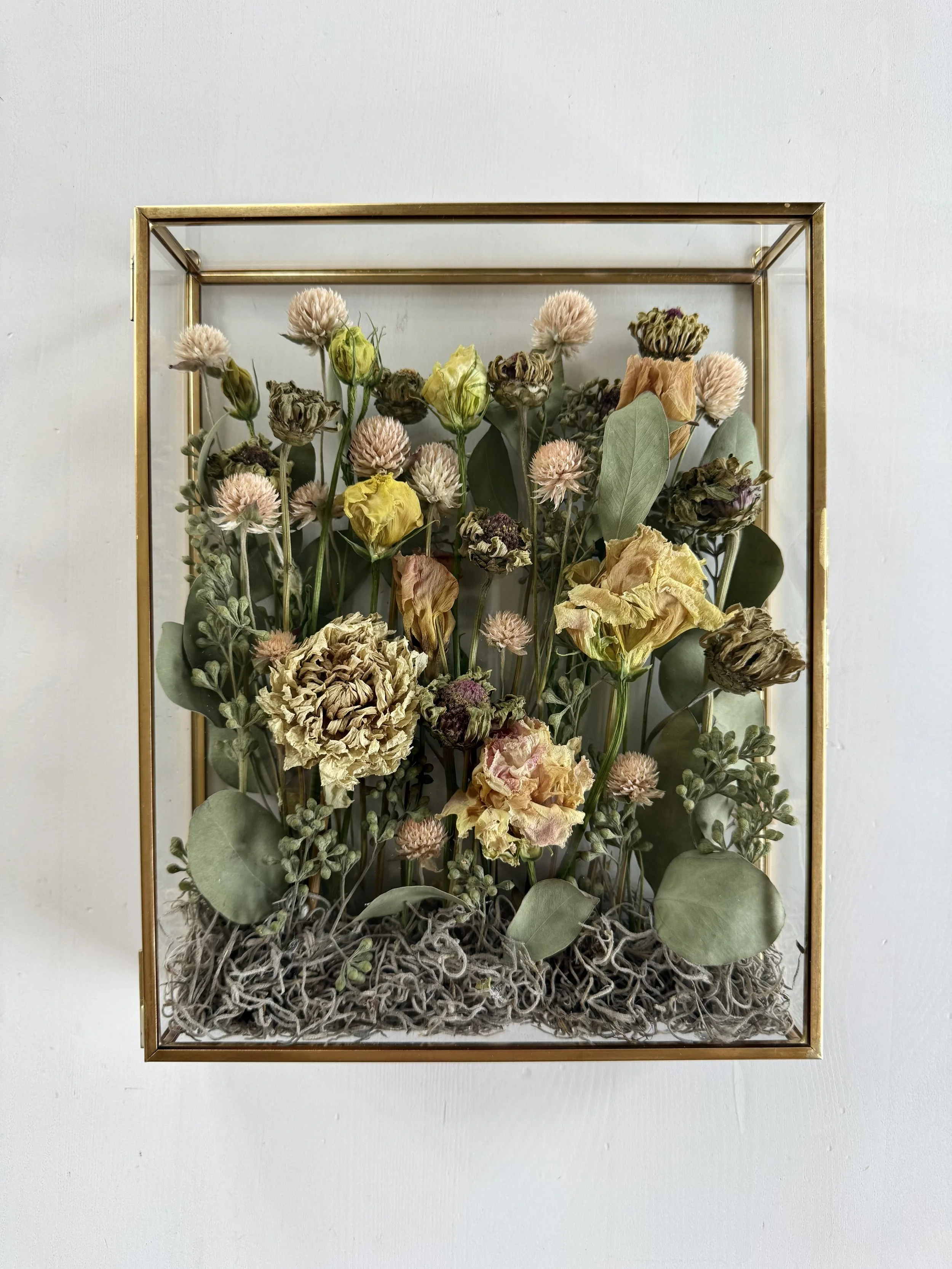 Dried Flowers preserved in a shadow box frame.