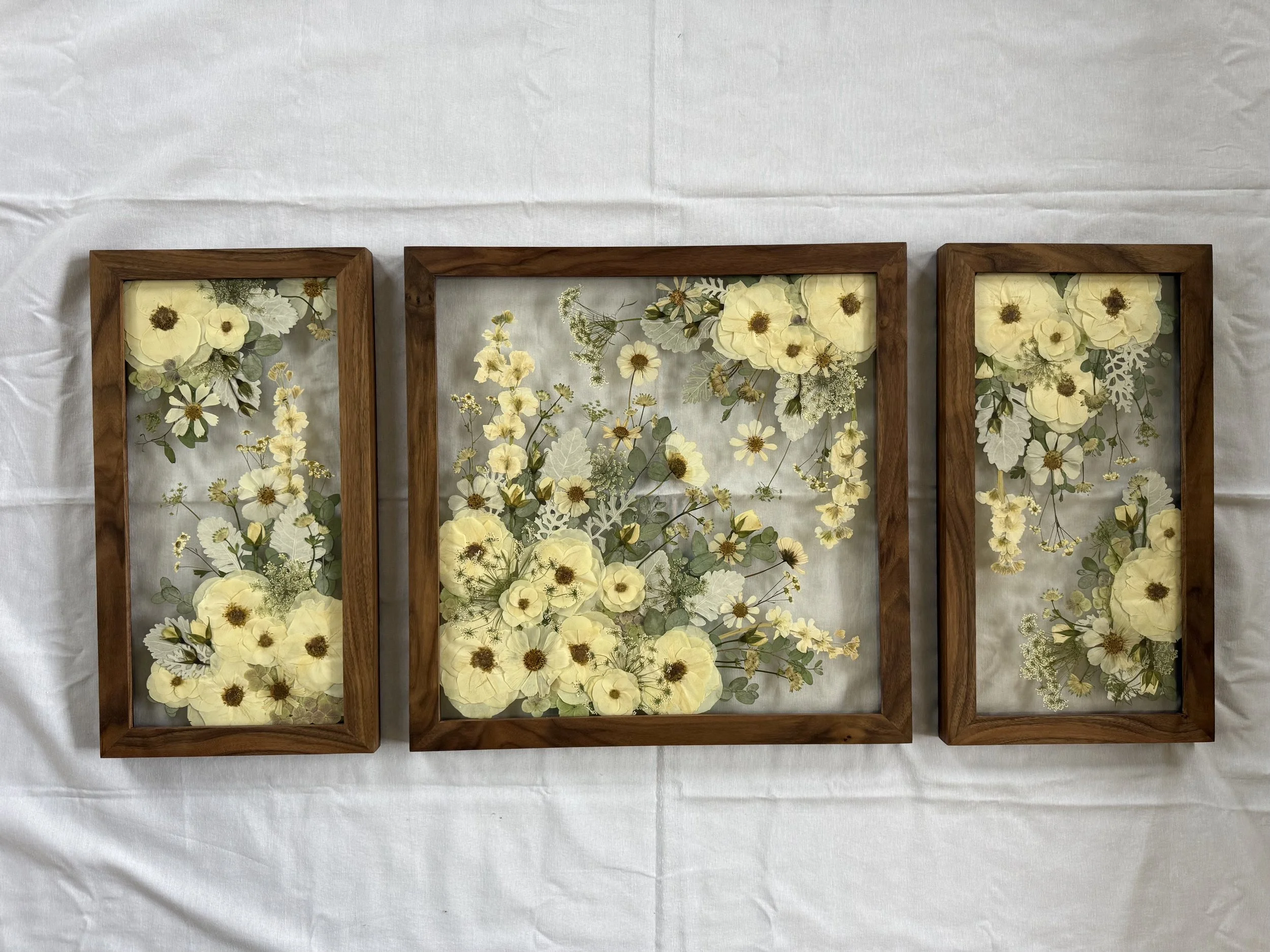 Pressed and preserved flowers that are framed to create a gallery wall.