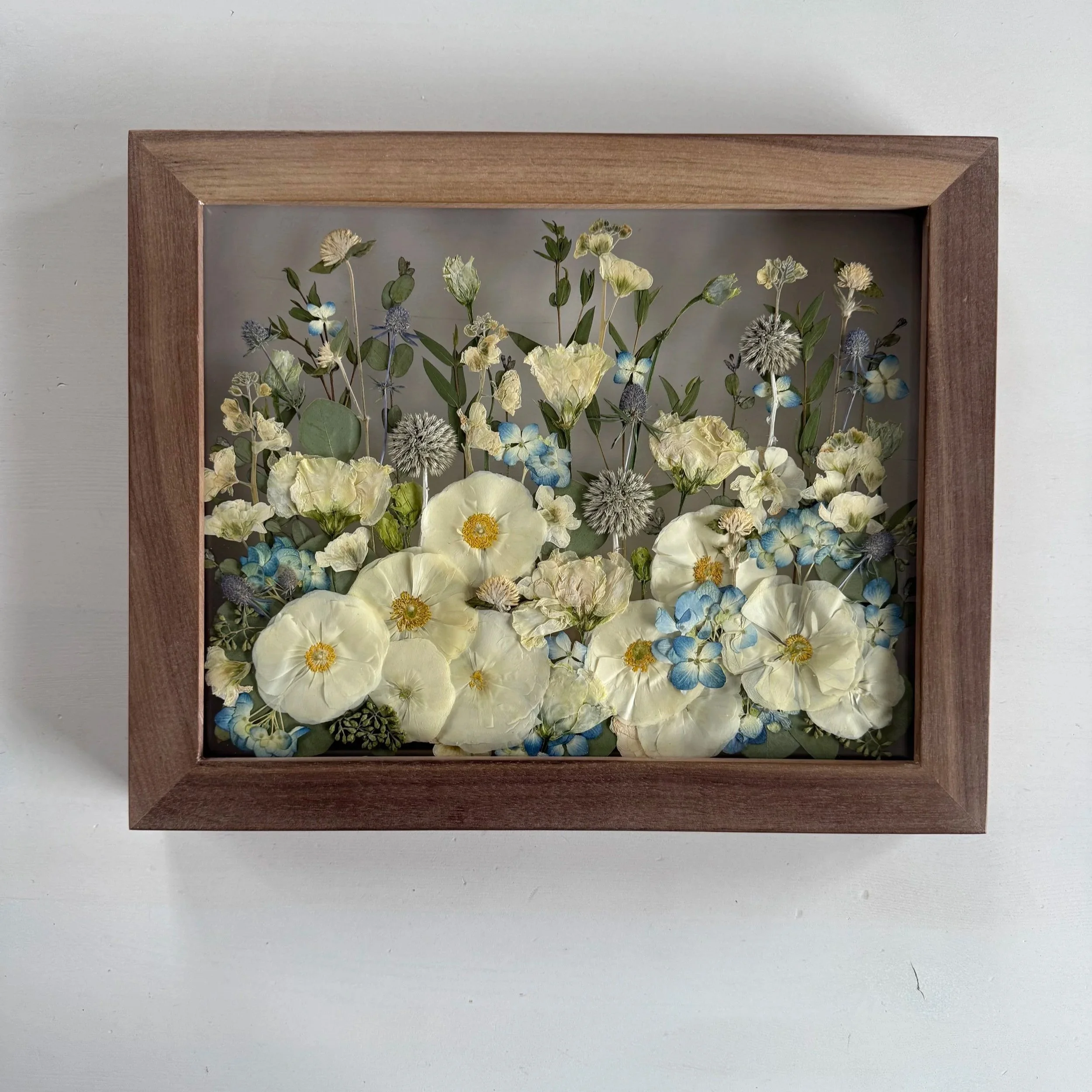 Pressed and framed white and blue flowers in walnut frame with a meadow design.