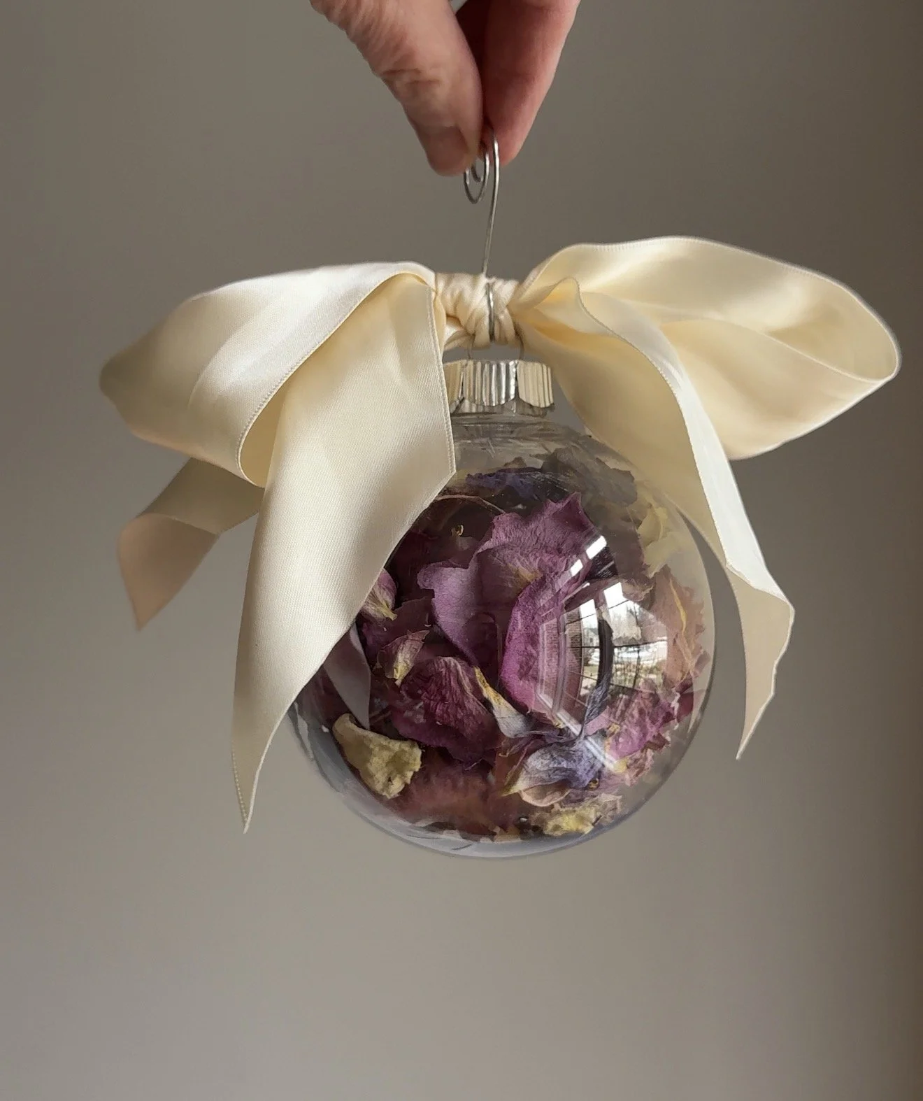 Dried flower ornament from bridal flowers.