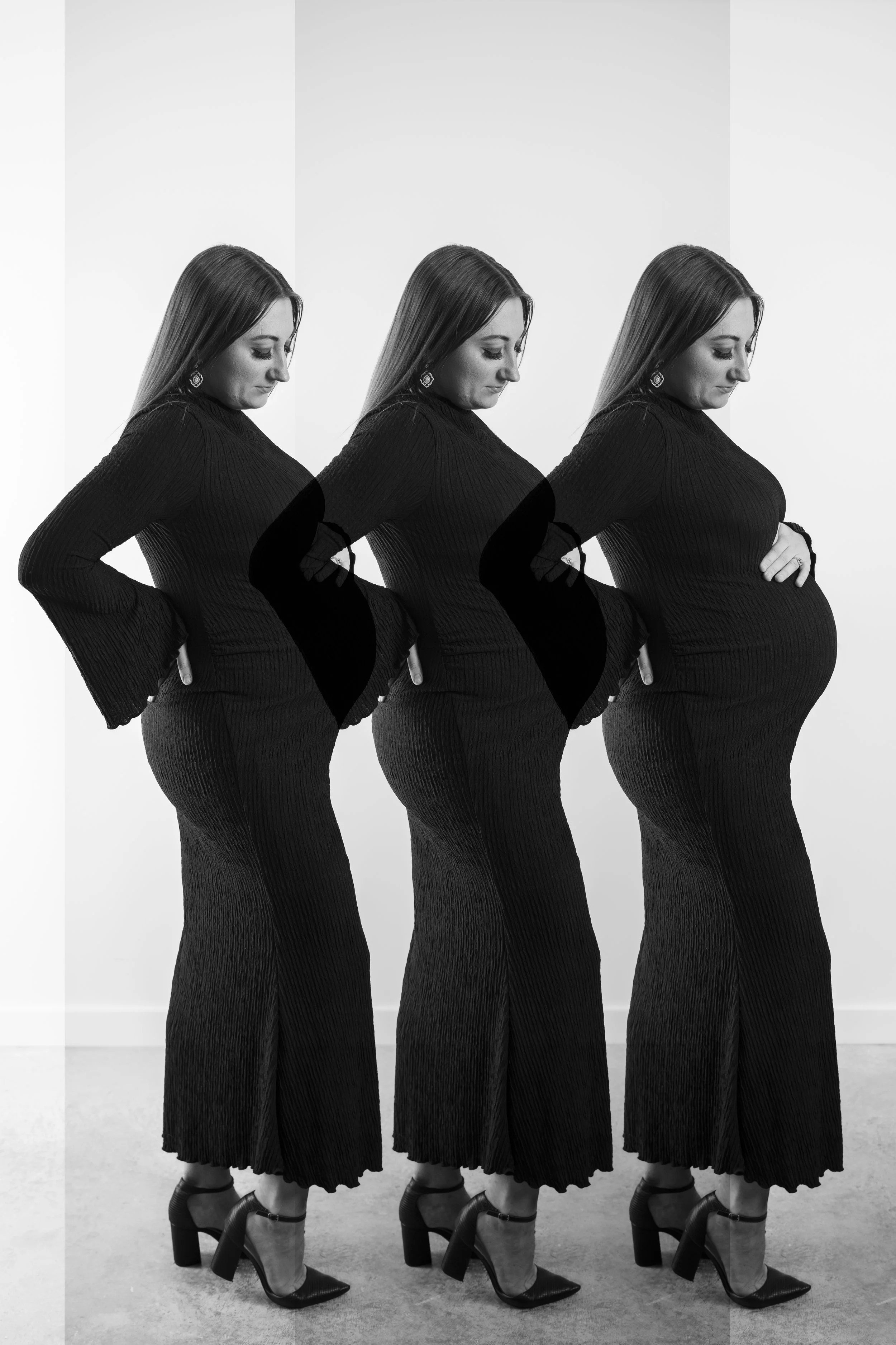 Black and white photo of a woman in black dress and high heels, shown in a triptych with slight variations, looking down with hands on hips.