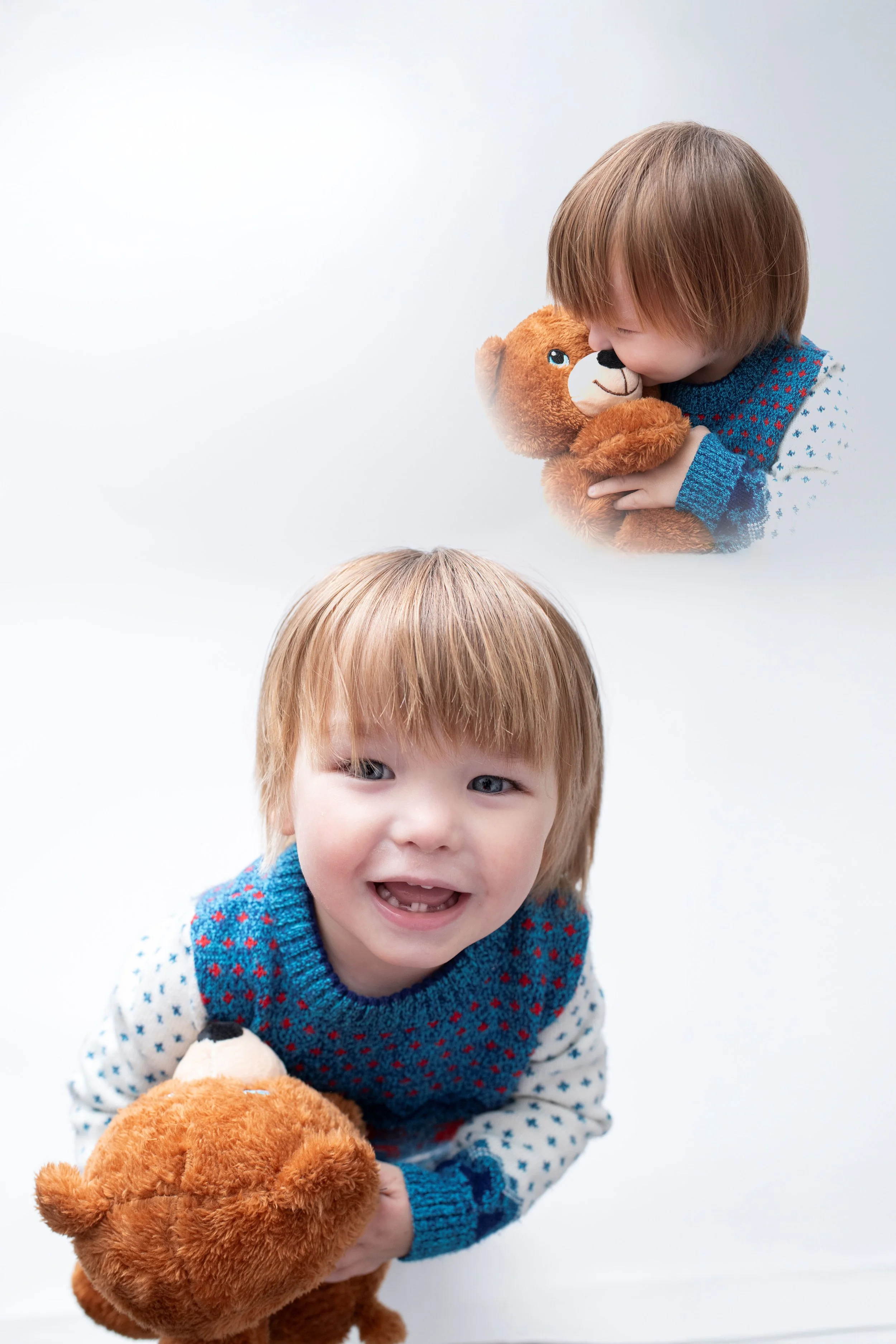 A young boy with blond hair smiling and holding a teddy bear, with a mirrored image of him hugging the teddy bear in the background.