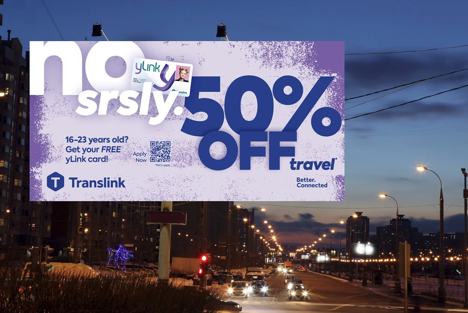 48 sheet artwork "no srsly. 50% off travel"