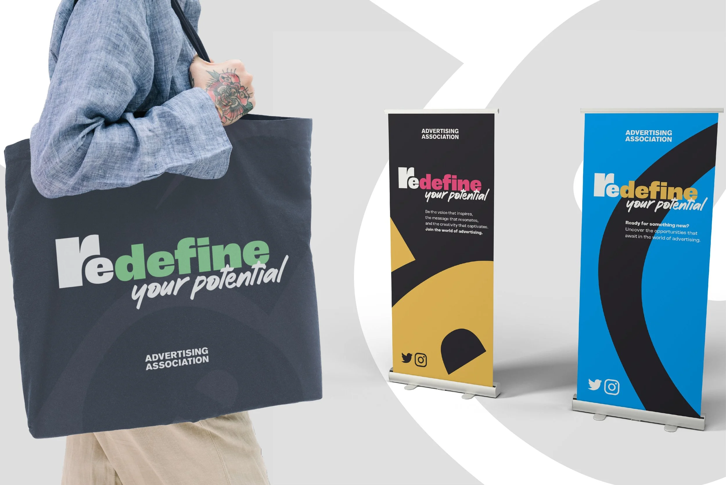 Careers event collateral: branded totes bags and pop-up banners