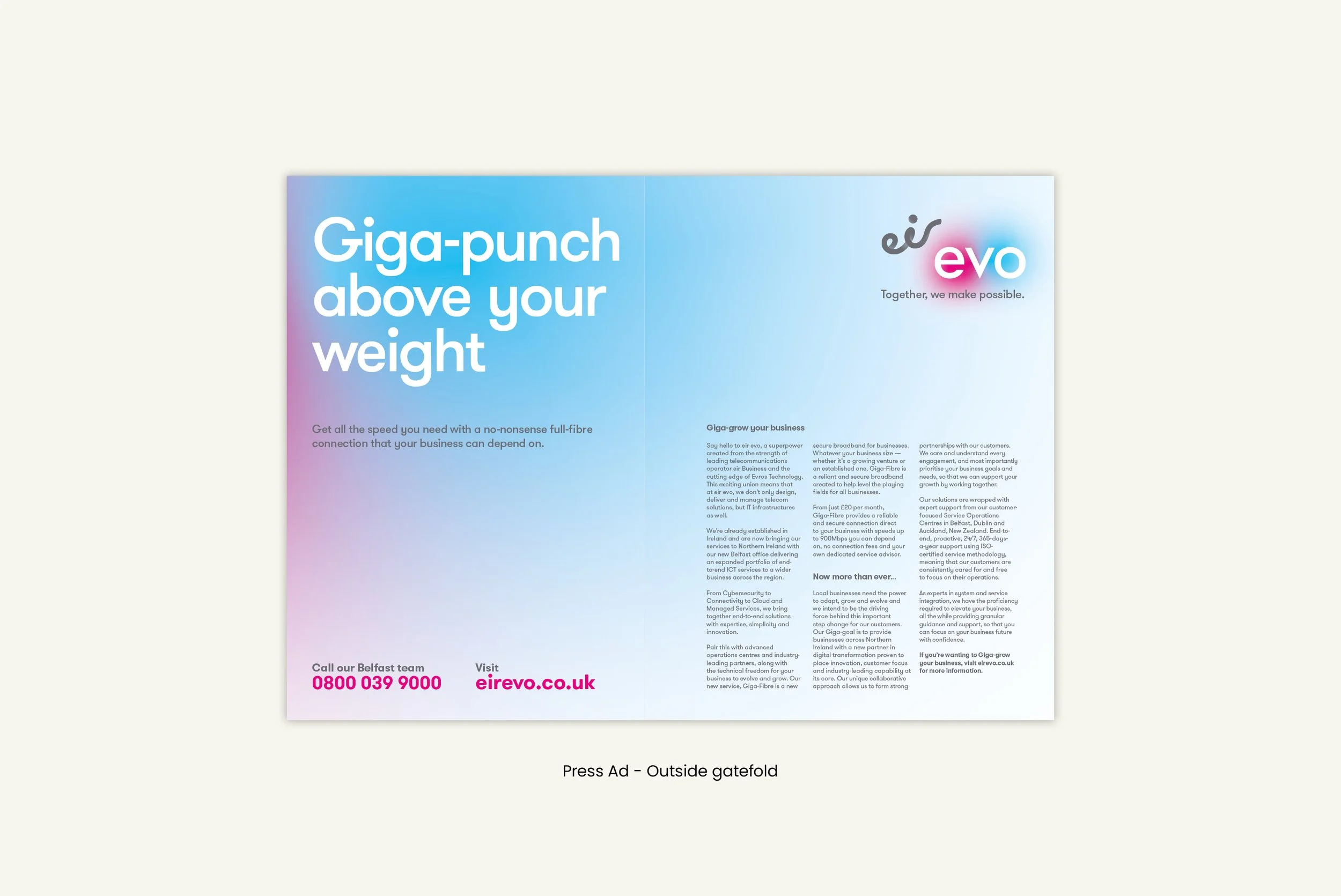 eir evo gatefold (outside) press ad artwork, 'Giga-punch above your weight'