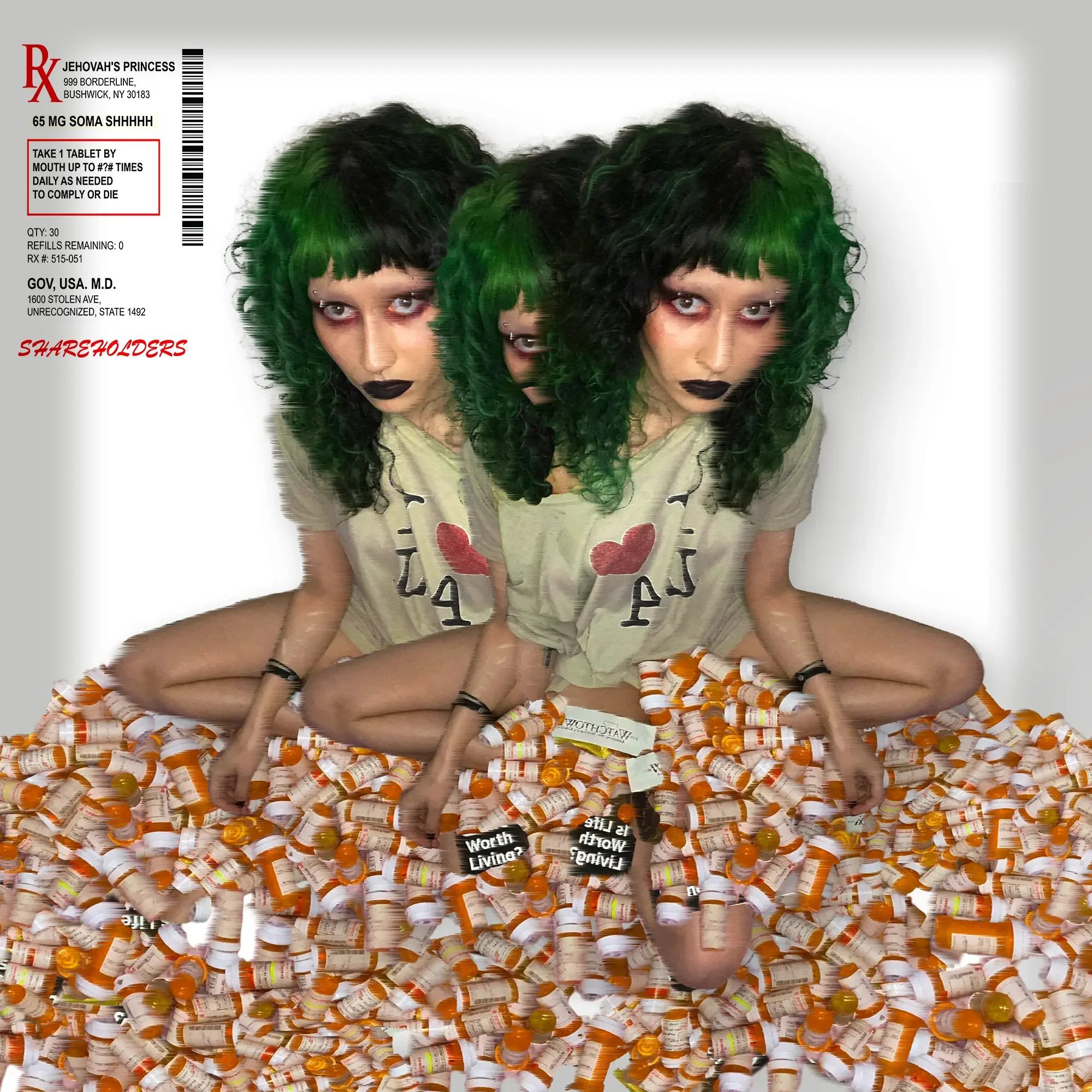 Medicate Phase II cover art showing artist with green and black curly hair sitting on a pile of pill bottles
