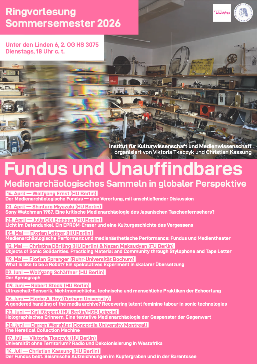 Poster for the event, showing dates and the media archaeological collection at HU Berlin
