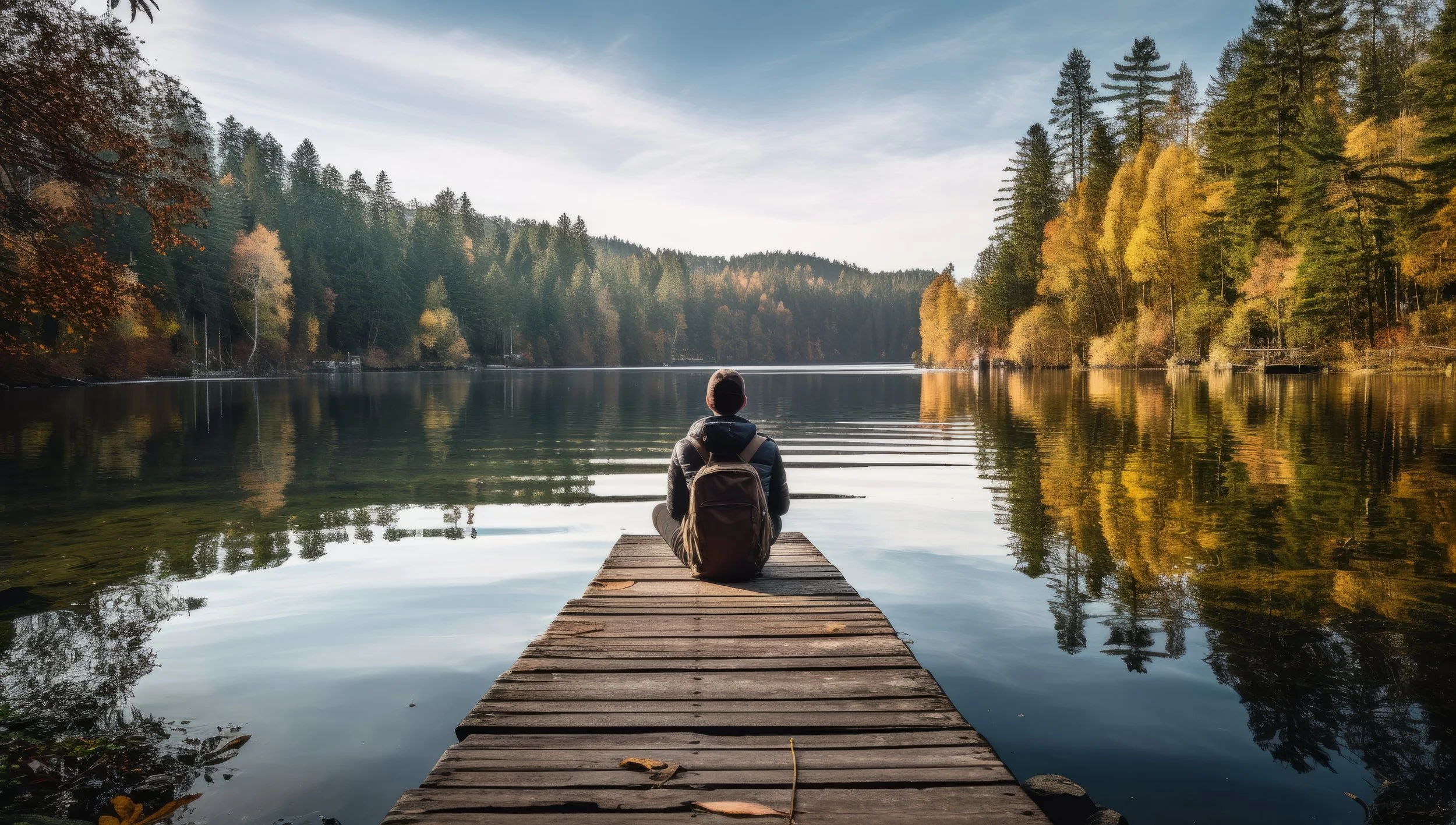 Person sitting on a wooden dock overlooking a calm lake surrounded by forest with fall colors.