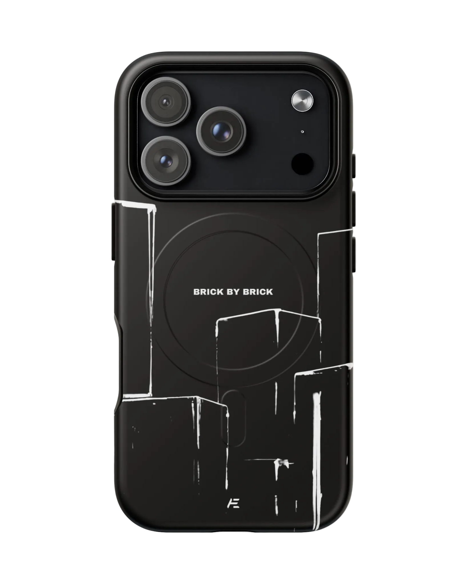 Black smartphone case with white line art of city buildings and the text 'BRICK BY BRICK' in the center.