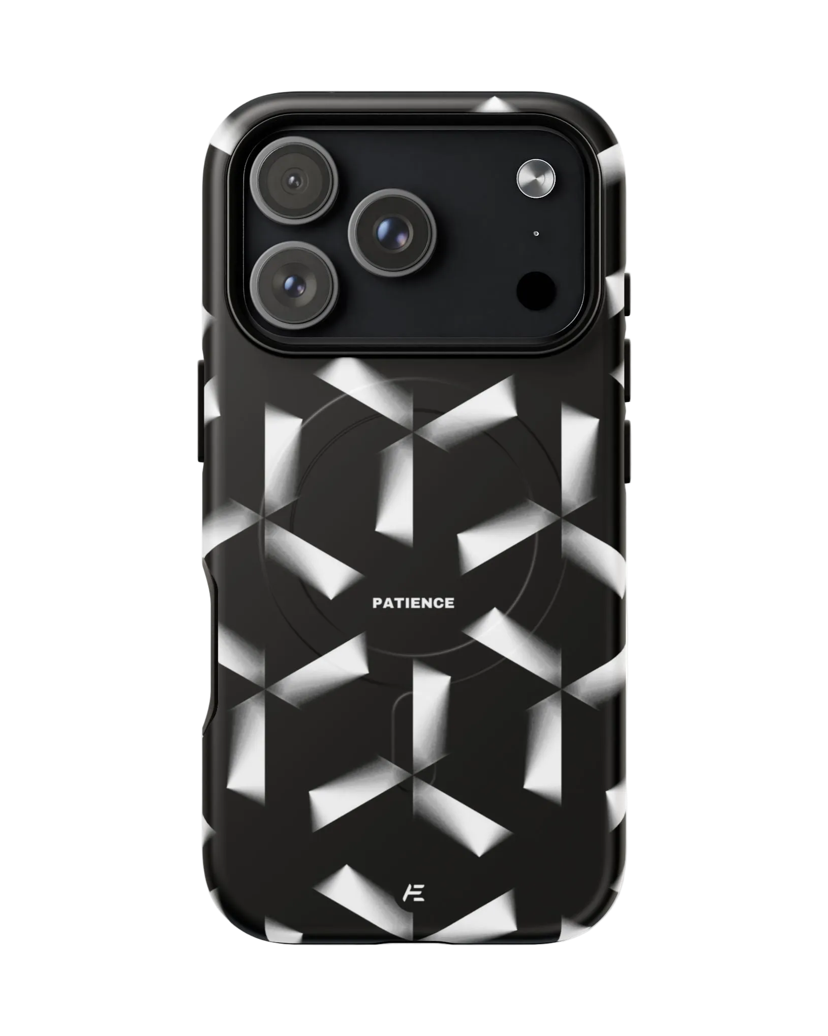 An iPhone with a black and white geometric patterned case displaying the word 'Patience' on the back.